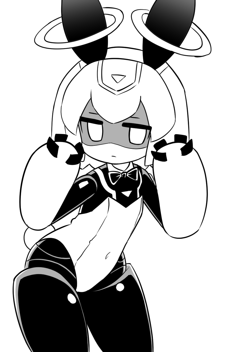 android animal_ears bow bowtie closed_mouth covered_navel cowboy_shot female greyscale hands_up highres leotard looking_at_viewer monochrome naga_u puniru_wa_kawaii_slime rabbit_ears rabbit_tail runruun_(puniru_wa_kawaii_slime) shaded_face simple_background solo standing strapless strapless_leotard tail white_background