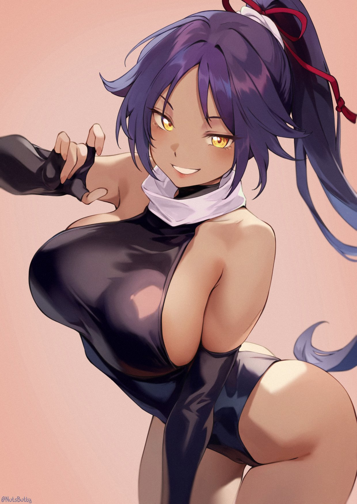 1girls, bleach, breasts, dark skin, dark-skinned female, female, female only, large breasts, looking at viewer, nutsbutty, purple hair, shihouin yoruichi, solo, wide hips, yellow eyes