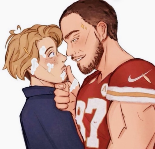 ,arms blonde_hair brown_hair dominant_male football football_player football_uniform jock male men no_visible_genitalia pectoral_bulge red_shirt sperm travis_kelce white_skin