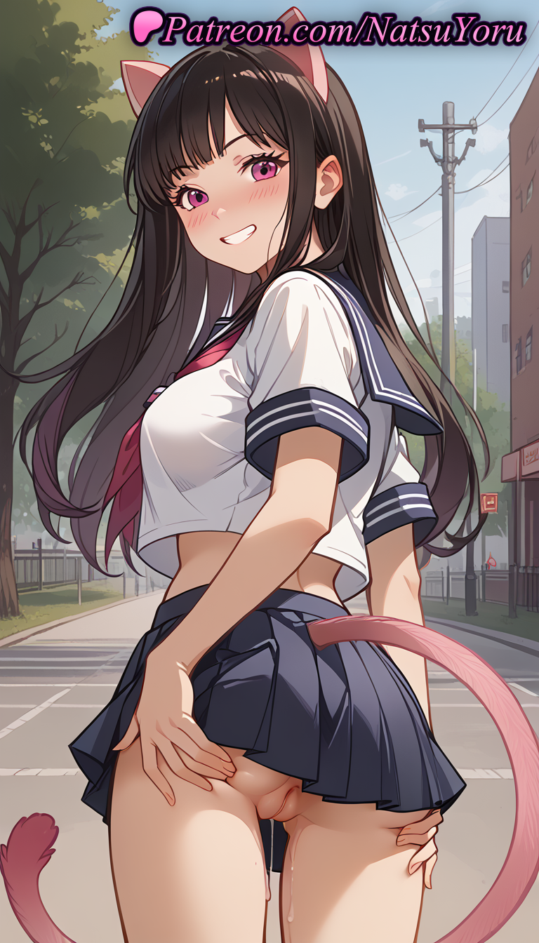 1girls ai_generated anal_tail animal_ears anime anime_style ass ass_grab asshole bangs black_hair black_skirt blue_sailor_collar blue_skirt blush breasts brown_hair bust busty cat_ears cat_tail cleft_of_venus cowboy_shot crop_top crop_top_overhang cropped_shirt day extra_ears fake_animal_ears fake_tail female female_focus female_only from_behind grabbing_own_ass grin hands_on_own_ass hentai iki_hiyori juicy_butt labia labia_majora long_hair looking_at_viewer looking_back medium_breasts microskirt midriff miniskirt natsuyoru neckerchief no_panties nopan noragami oshiri outdoors pink_eyes pleated_skirt public_indecency purple_eyes pussy pussy_juice pussy_juice_trail red_neckerchief road sailor_collar sailor_uniform school_uniform serafuku shirt short_sleeves skirt smile solo solo_female standing street tail teeth thighs traffic_light uncensored underbutt utility_pole vagina voluptuous voluptuous_female white_shirt