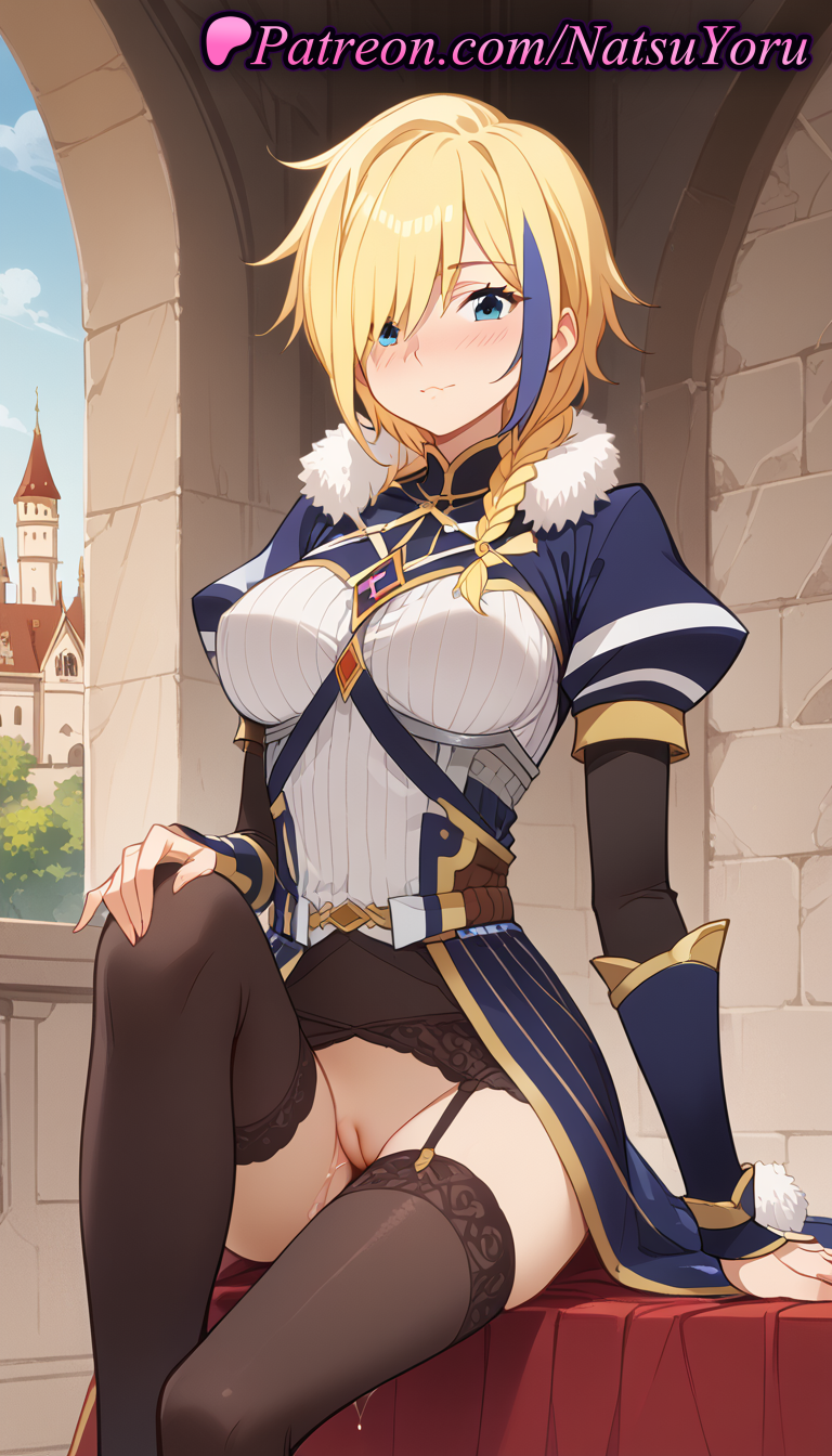 1girls ai_generated anime anime_style arm_support black_legwear black_thighhighs blonde_hair blue_eyes blue_hair blush bottomless braid breasts bust busty castle claire_(konosuba) cleft_of_venus closed_mouth day female female_focus female_only fur_collar fur_trim garter_belt garter_straps genderswap_(mtf) hair_over_one_eye hair_over_shoulder hand_on_own_knee hentai knee_up kono_subarashii_sekai_ni_shukufuku_wo! large_breasts layered_sleeves long_hair long_sleeves looking_at_viewer medium_breasts multicolored_hair natsuyoru no_panties non-asian nopan outdoors paipan puffy_short_sleeves puffy_sleeves pussy pussy_juice rule_63 short_sleeves single_braid sitting skirt smile solo solo_female streaked_hair thighhighs two-tone_hair uncensored vagina voluptuous voluptuous_female