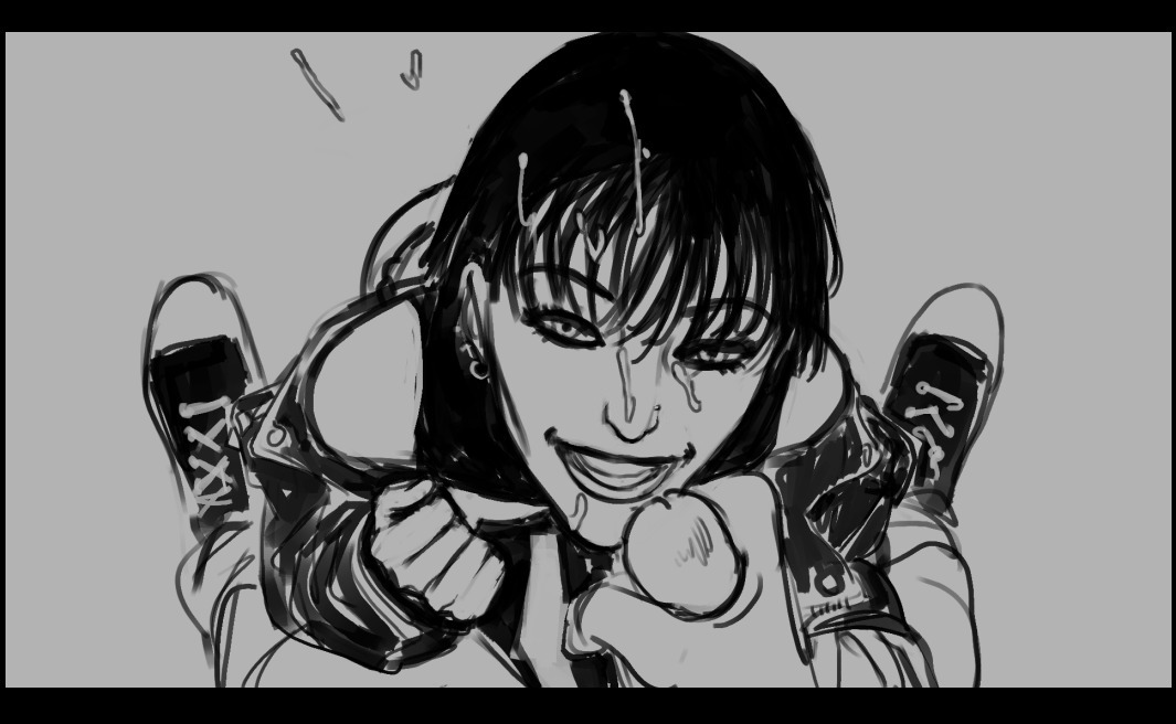 au (artist), bangs over eyes, black hair, cum on face, erect penis, natalia (au), smile