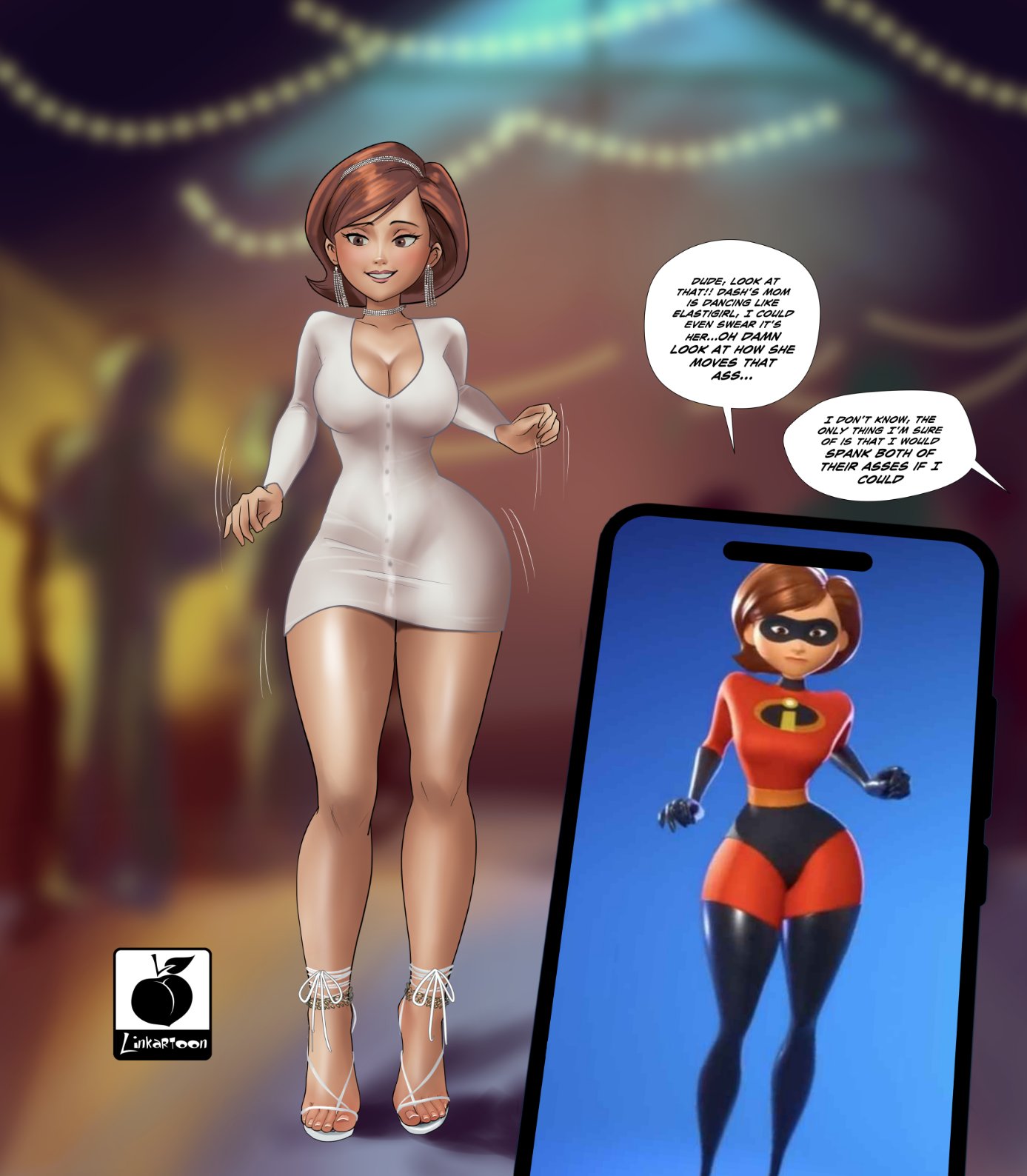 blush choker dancing dress earrings elastigirl fortnite helen_parr hero_costume heroine high_heel_sandals high_heels hips humiliation linkartoon mask mother mother_and_son party phone text_bubble thigh_boots