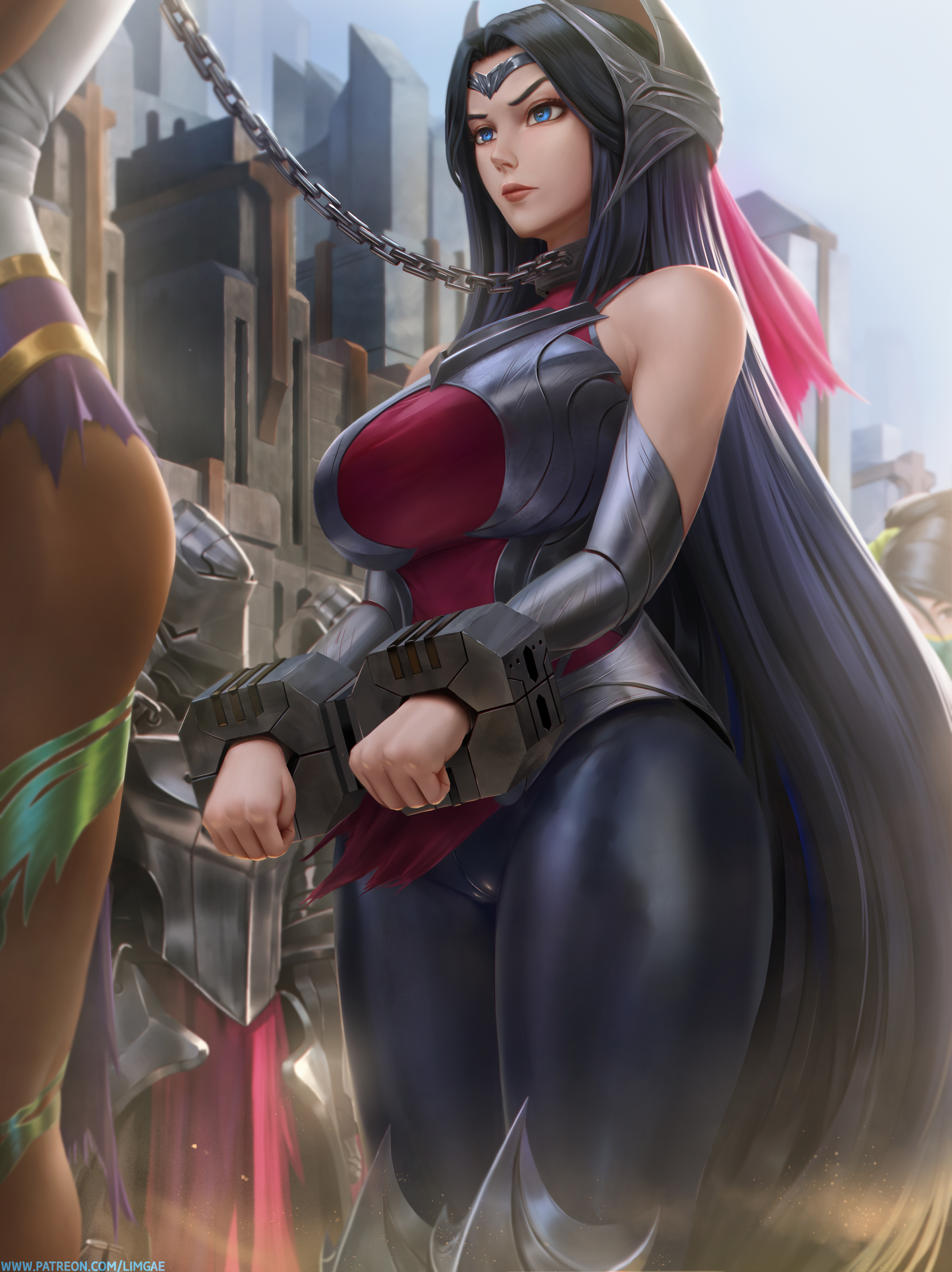 2020, 3girls, absurdres, akali, armor, big breasts, black hair, blue eyes, blurry background, breasts, building, cameltoe, captured, chains, clothed, dark skin, dark-skinned female, female, female only, forehead protector, hair ornament, headwear, high resolution, highres, irelia xan, karma (league of legends), large breasts, league of legends, light skin, light-skinned female, limgae, outside, patreon reward, patreon username, pussy, realistic, restrained, source request, url, very long hair