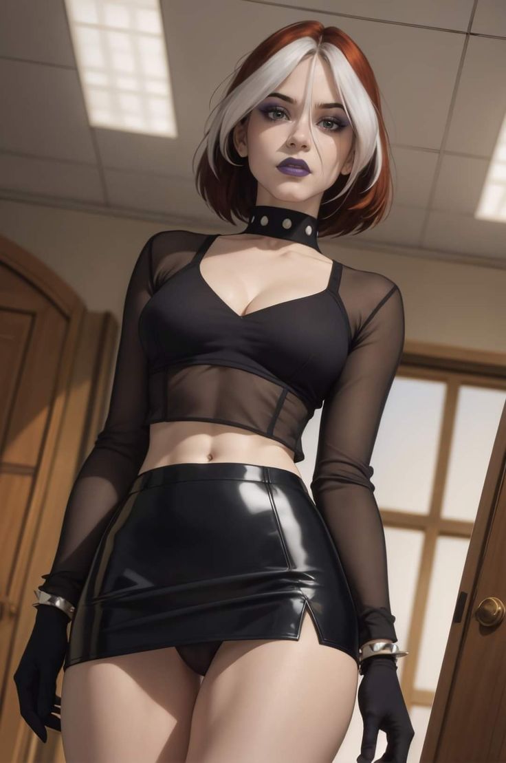 1girls ai_generated black_panties choker crop_top gloves goth goth_girl green_eyes leather_skirt makeup miniskirt purple_lipstick rogue_(evolution) see-through_clothing short_hair spiked_bracelet two-tone_hair