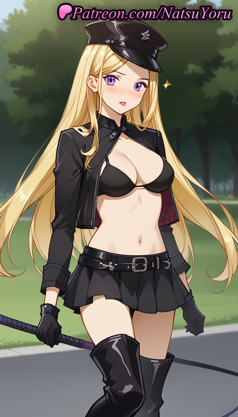 1girls :p ai_generated anime anime_style belt bikini bikini_top bikini_top_only bishamon bishamon_(noragami) black_belt black_bikini black_bra black_footwear black_gloves black_headwear black_jacket black_skirt black_thighhighs blonde_hair blush boots breasts bust busty cleavage cowboy_shot cropped_jacket day female female_focus female_only gloves hat hentai holding holding_whip iki_hiyori jacket large_breasts leather lipstick long_hair long_sleeves looking_at_viewer makeup medium_breasts miniskirt natsuyoru navel noragami nose_blush open_clothes open_jacket open_mouth outdoors parted_bangs parted_lips peaked_cap pleated_skirt police_hat purple_eyes red_lips riding_crop shrug_(clothing) skirt solo solo_female standing stomach swimsuit thigh_boots thighhighs thighs tongue tongue_out underwear very_long_hair voluptuous voluptuous_female whip zettai_ryouiki