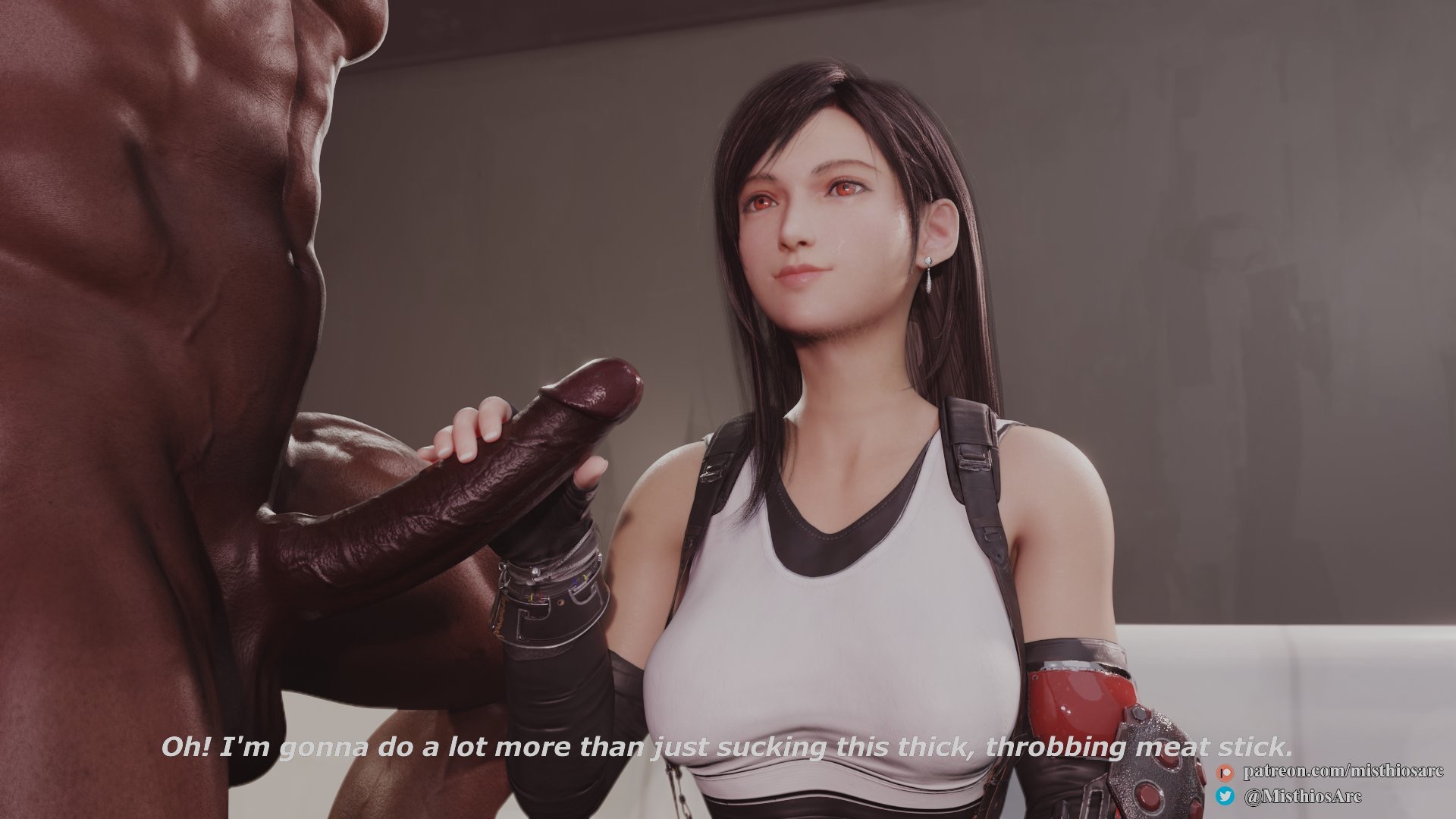 1boy, 1girls, 3d, barret wallace, big penis, breasts, dark skin, dark-skinned male, english text, erection, female, final fantasy, final fantasy vii, final fantasy vii remake, handjob, hetero, holding penis, imminent oral, interracial, large breasts, male, misthiosarc, oral, penis, smile, text, tifa lockhart