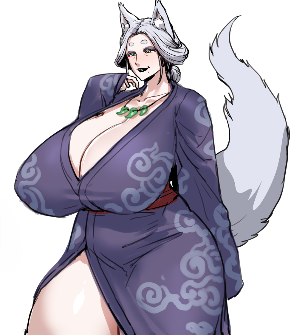 1girls 2d big_breasts breasts clothed female fox_ears fox_girl fox_tail gilf huge_breasts kimono kisuu mature_female mole_under_mouth original white_fur white_hair