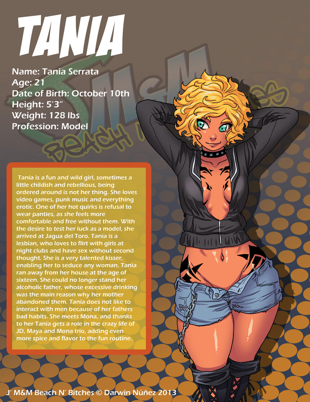 1girls black_coat black_jacket blonde_hair character_profile character_sheet clothed clothed_female darkereve female jagua_tales model_sheet short_hair short_jeans short_shorts shorts smaller_female solo solo_female solo_focus tagme tan_skin tania_serrata unzipped unzipped_shorts