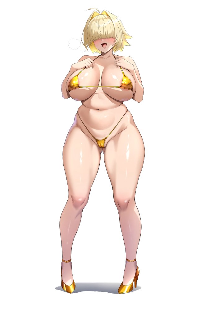 1girls 2024 2d 2d_(artwork) bangs bangs_over_eyes bare_arms bare_belly bare_shoulders bare_stomach bare_thighs belly belly_button big_breasts bikini blonde_female blonde_hair blonde_hair_female breasts color colored elegg_(nikke) fanart full_color goddess_of_victory:_nikke gold_bikini hair heels high_heels huge_breasts large_breasts light-skinned_female light_skin micro_bikini naughty_face ranhatu seductive shift_up stomach thick_thighs thighs video_game video_game_character video_games voluptuous voluptuous_female