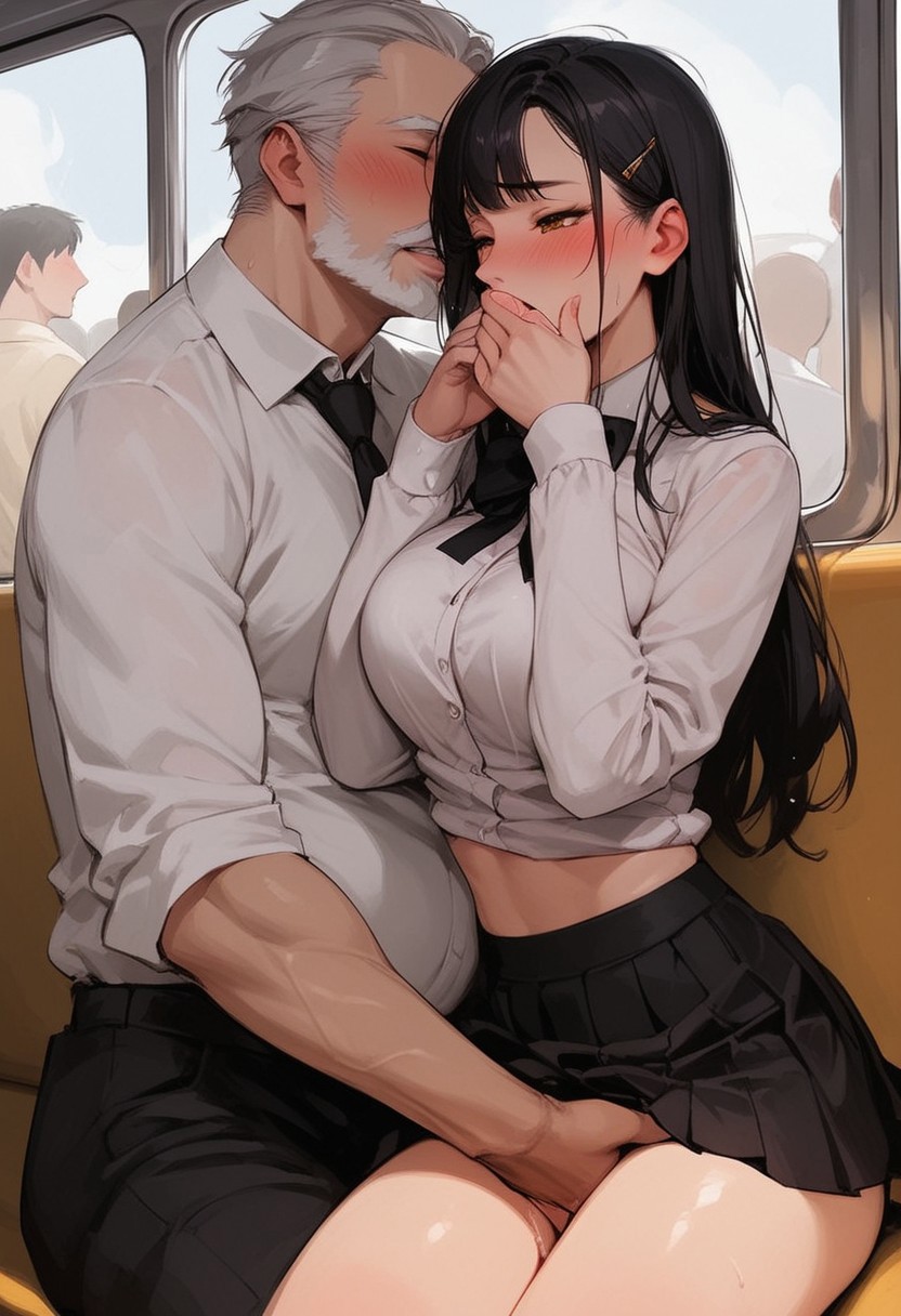 ai_generated black_hair blush brown_eyes fingering grey_hair handsome long_hair mini_slut moaning molestation muscular_male older_male primal_urges public short_skirt tall tight_clothing train younger_female