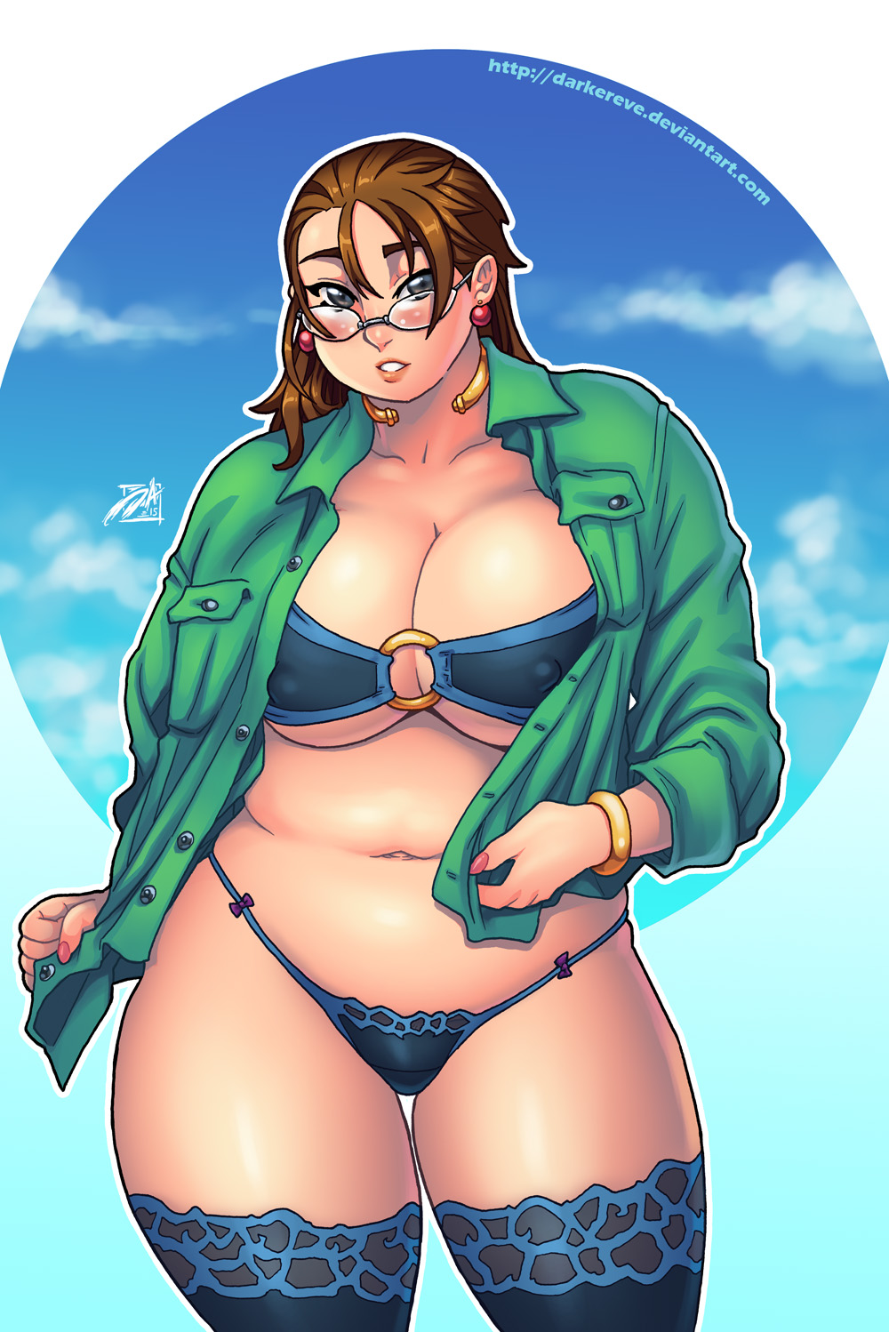 blue_eyes brown_hair chubby_female curly_hair darkereve frilled_panties glasses green_jacket jagua_tales lingerie olga_valerio panties stockings tagme teapot_(body_type) white_skin