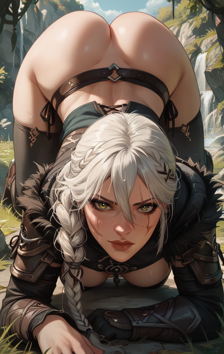 ai_generated ass ass_up braid breasts cd_projekt_red ciri eepol female light-skinned_female looking_at_viewer scar solo the_witcher_(series) the_witcher_4 white_hair yellow_eyes