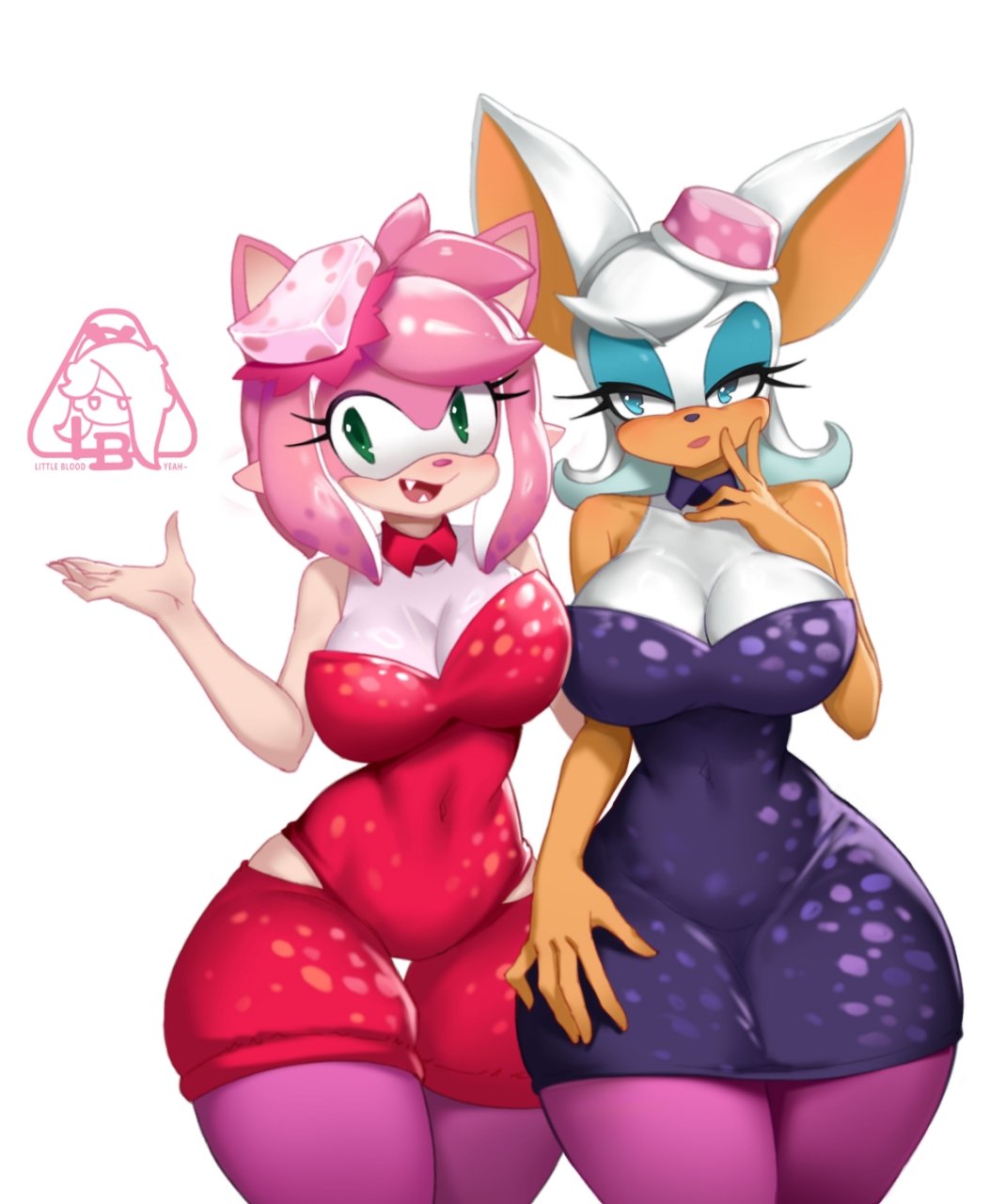 2d, 2girls, amy rose, anthro, anthro female, anthro only, artist logo, bat, big breasts, breasts, busty, crossover cosplay, curvy, female, female focus, female only, furry, furry female, furry only, hedgehog, hips wider than shoulders, little123blood, nintendo, rouge the bat, sega, small waist, sonic (series), splatoon, thick thighs, twitter link, white background, wide hips