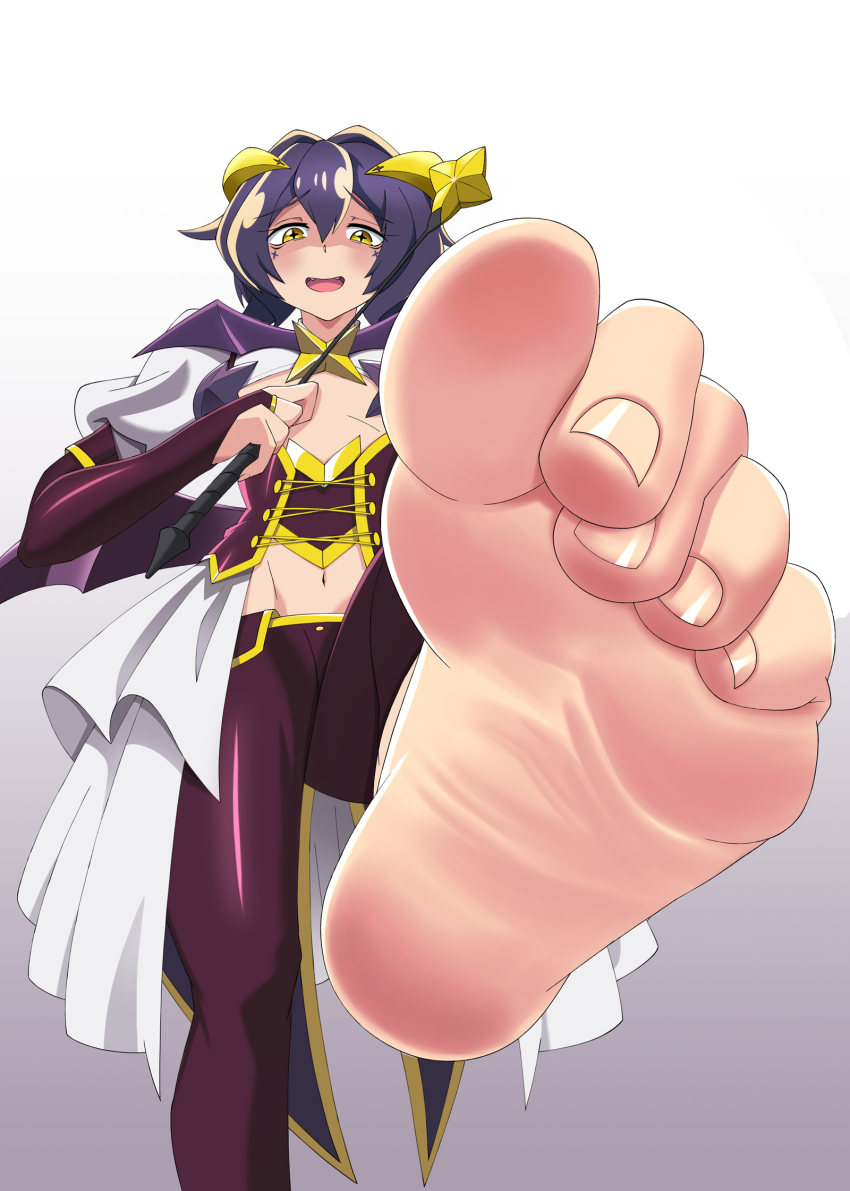 1girls barefoot conejologia exposed_chest feet feet_towards_viewer female female_only foot_fetish foot_focus hiiragi_utena latex_trousers looking_at_viewer looking_down looking_down_at_viewer magia_baiser magic_wand magical_girl magical_girl_outfit mahou_shoujo mahou_shoujo_ni_akogarete one_foot_raised one_leg_up pinched_toes purple_hair shaded_face short_hair small_breasts soles toe_curl toe_point toe_scrunch toes trousers wrinkled_feet wrinkled_soles