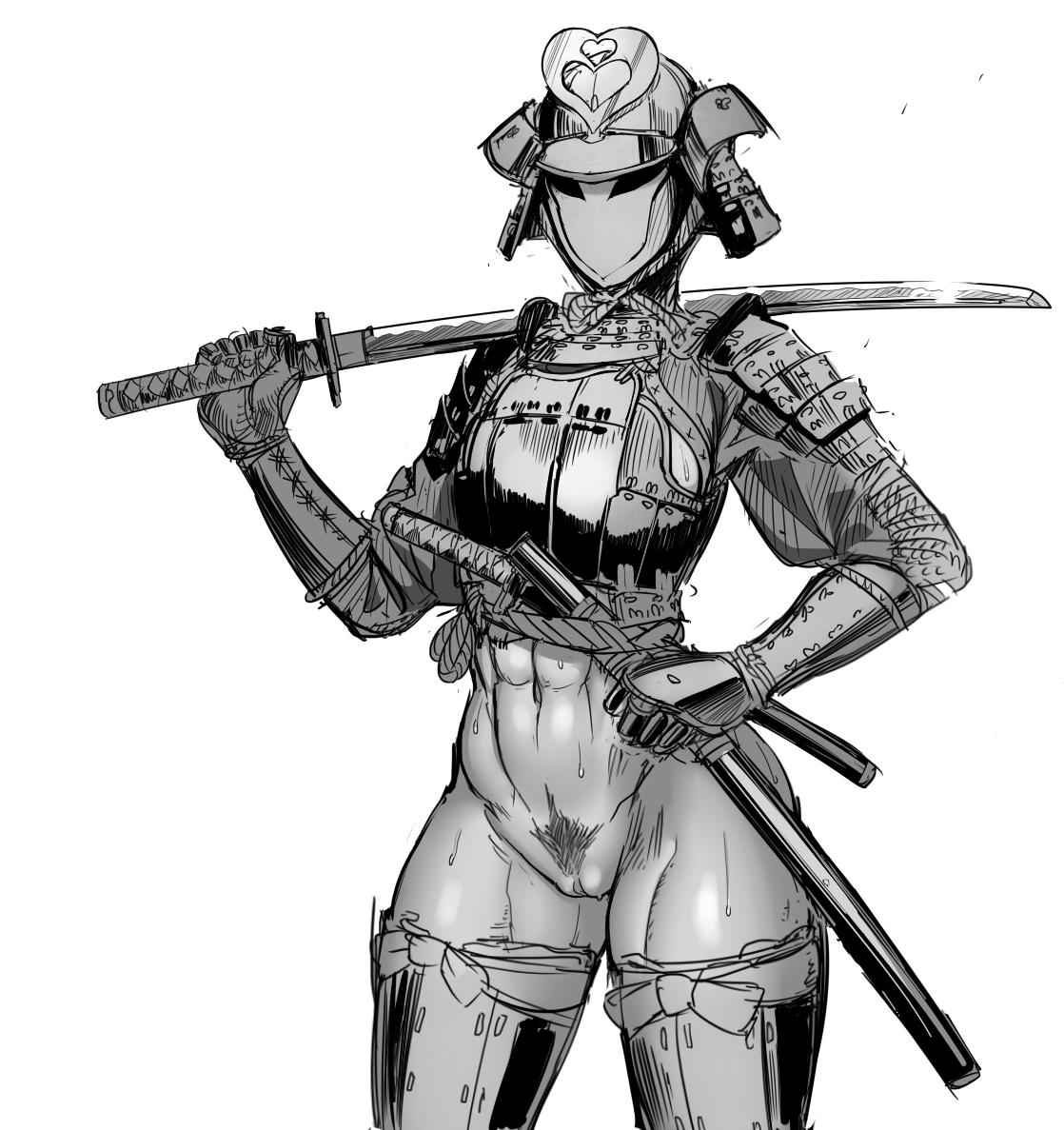 1girls 2021 abs armor bodily_fluids bottomless casual_nudity female heart helmet hi_res highres japanese kabuto_(helmet) katana mask monochrome muscular_female nisetanaqa no_panties ornament pubic_hair pussy samurai simple_background solo solo_female sweat sword weapon weapon_over_shoulder white_background