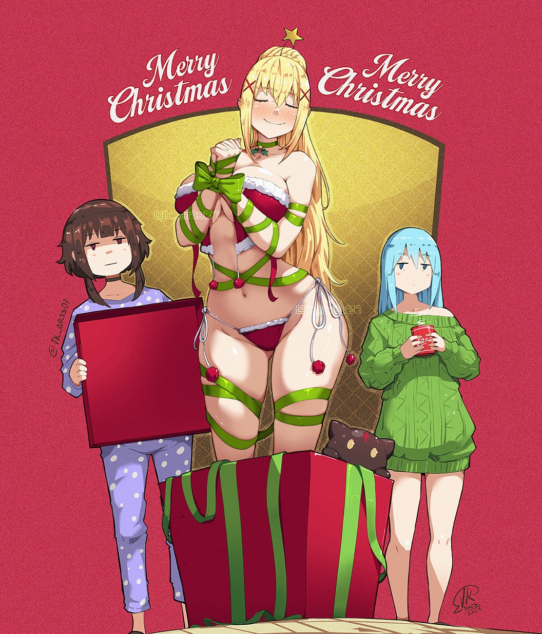 :i aqua_(konosuba) big_breasts bikini blonde_hair blue_hair blush bow box chomusuke christmas_bikini christmas_gift christmas_lingerie christmas_outfit darkness_(konosuba) english_text fur_trim gift_box green_bow green_ribbons green_ribbons jk_arts07 kono_subarashii_sekai_ni_shukufuku_wo! megumin merry_christmas mostly_nude mug navel presenting thong wide_hips