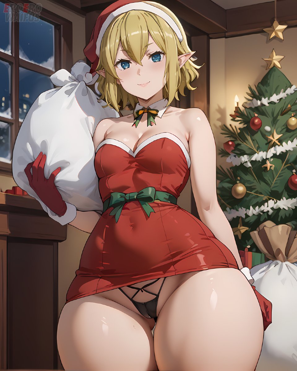 ai_generated bare_thighs blonde_hair blue_eyes christmas christmas_lingerie christmas_outfit curvaceous curvy_female dungeon_ni_deai_wo_motomeru_no_wa_machigatteiru_darou_ka elf elf_ears elf_female eroero_waifus huge_thighs light-skinned_female light_skin looking_down low-angle_view medium_breasts ryuu_lion santa_hat short_hair solo_female squatting sweat sweatdrop thick_thighs thighs thighs_bigger_than_head