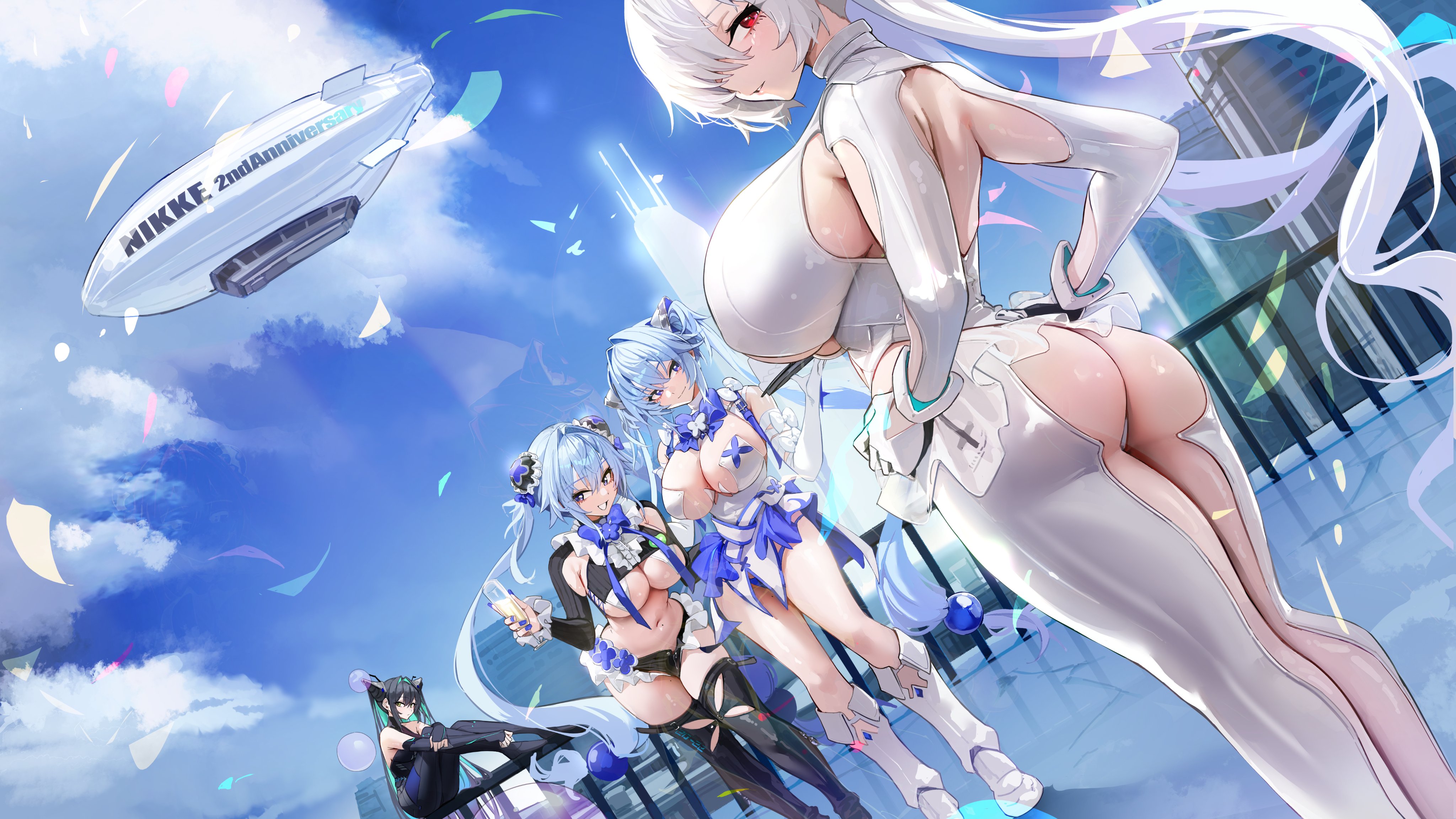 4girls, aircraft, ass, black hair, black thighhighs, blue hair, blue sky, blush, bodysuit, breasts, chela77, cinderella (nikke), closed mouth, day, dirigible, female, gloves, goddess of victory: nikke, green hair, gretel (nikke), hands on own hips, hansel (nikke), huge breasts, large breasts, leaning forward, little mermaid (nikke), long hair, looking at viewer, looking back, multiple females, multiple girls, navel, outdoors, parted lips, red eyes, siren (nikke), sitting, sky, smile, standing, thighhighs, thighs, very long hair, white bodysuit, white gloves