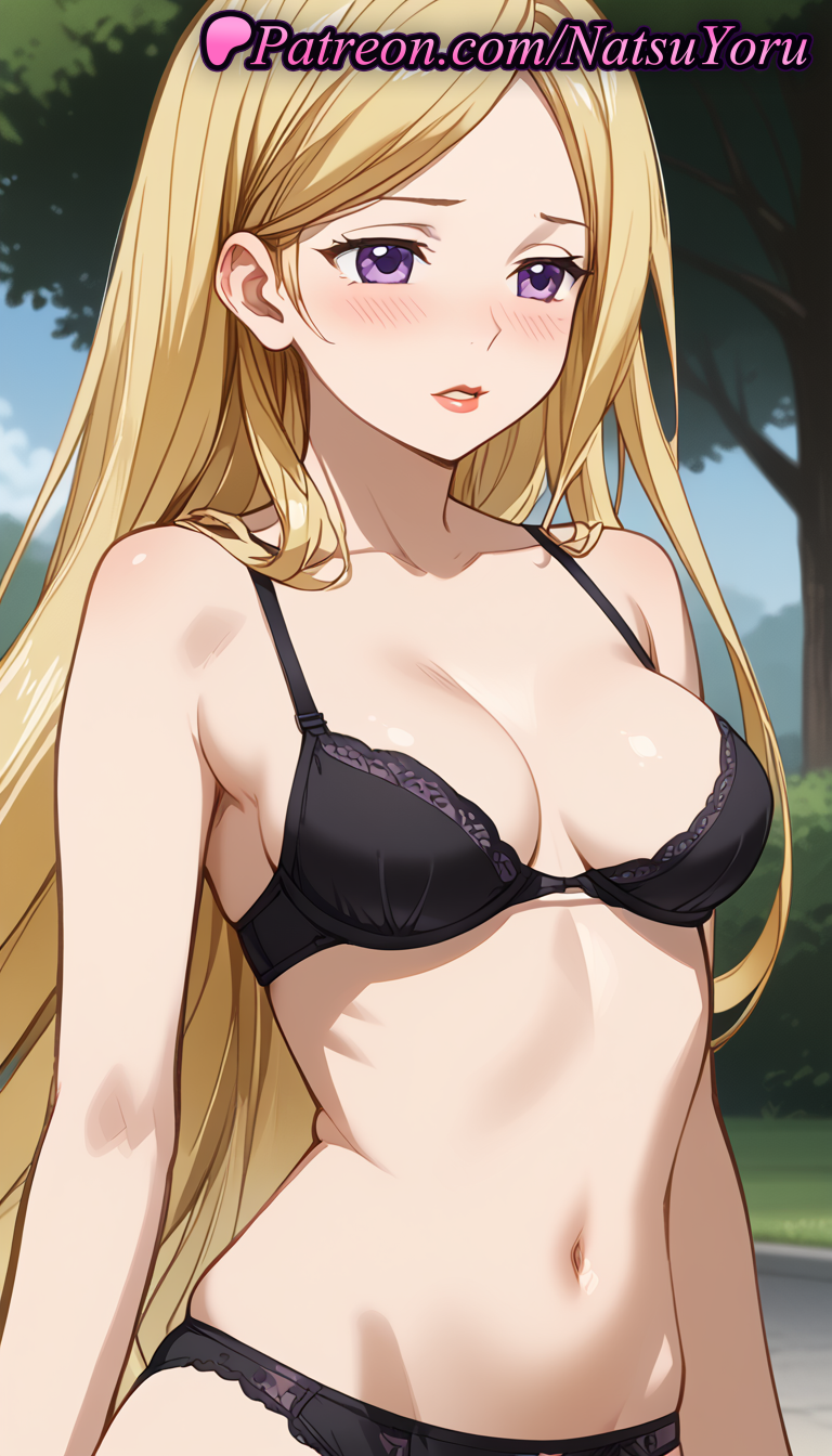 1girls ai_generated anime anime_style bangs bare_arms bare_shoulders bishamon bishamon_(noragami) black_bra black_panties blonde_hair blush bra breasts bush bust busty cleavage collarbone day female female_focus female_only hentai large_breasts long_hair looking_at_viewer medium_breasts natsuyoru navel noragami outdoors panties pantsu parted_bangs parted_lips purple_eyes red_lips sky solo solo_female stomach straight_hair tree underwear underwear_only upper_body very_long_hair voluptuous voluptuous_female