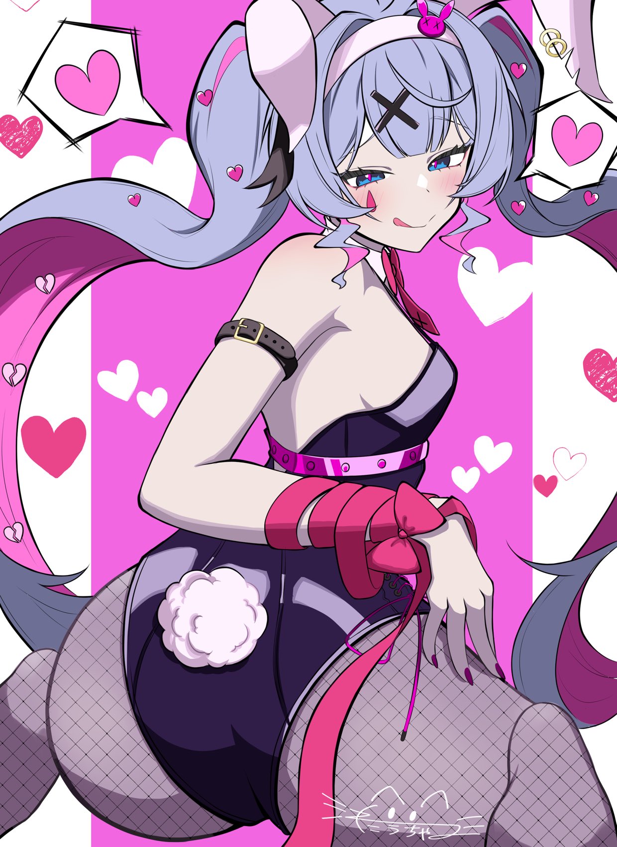 :q, 1girl, animal ears, arm strap, ass, bangs, bare shoulders, belt, big ass, black leotard, blue eyes, blue hair, blush, breasts, closed mouth, earrings, fake animal ears, fake tail, female, female only, fishnet pantyhose, fishnets, from behind, hair ornament, hairband, hatsune miku, heart, jewelry, leotard, light skin, light-skinned female, long hair, looking at viewer, looking back, looking down, multicolored hair, pantyhose, pink background, pink hair, pink nails, pink ribbon, playboy bunny, purple hair, rabbit ears, rabbit hole (vocaloid), rabbit tail, ribbon, signature, sitting, small breasts, smile, solo, spoken heart, strapless, strapless leotard, tagme, tagme (artist), tail, thick thighs, tongue, tongue out, twintails, very long hair, viewed from behind, virtual youtuber, vocaloid, wariza, x hair ornament