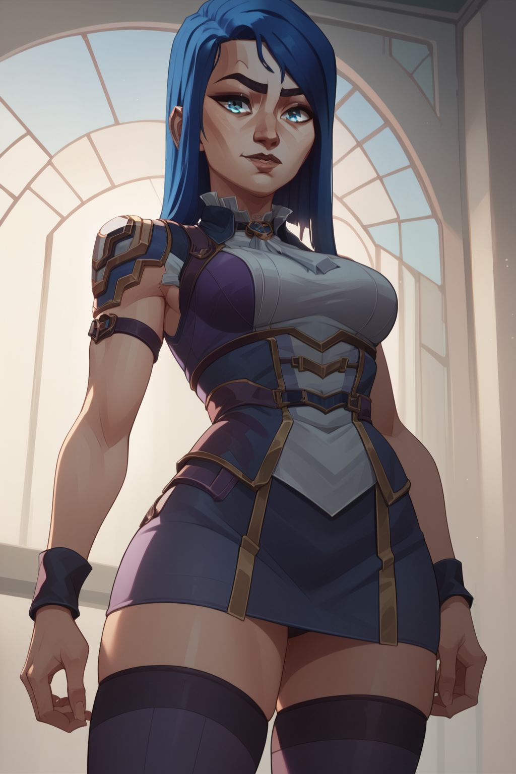 ai_generated arcane blue_hair caitlyn_kiramman dress league_of_legends stable_diffusion tagme thigh_highs thighhighs