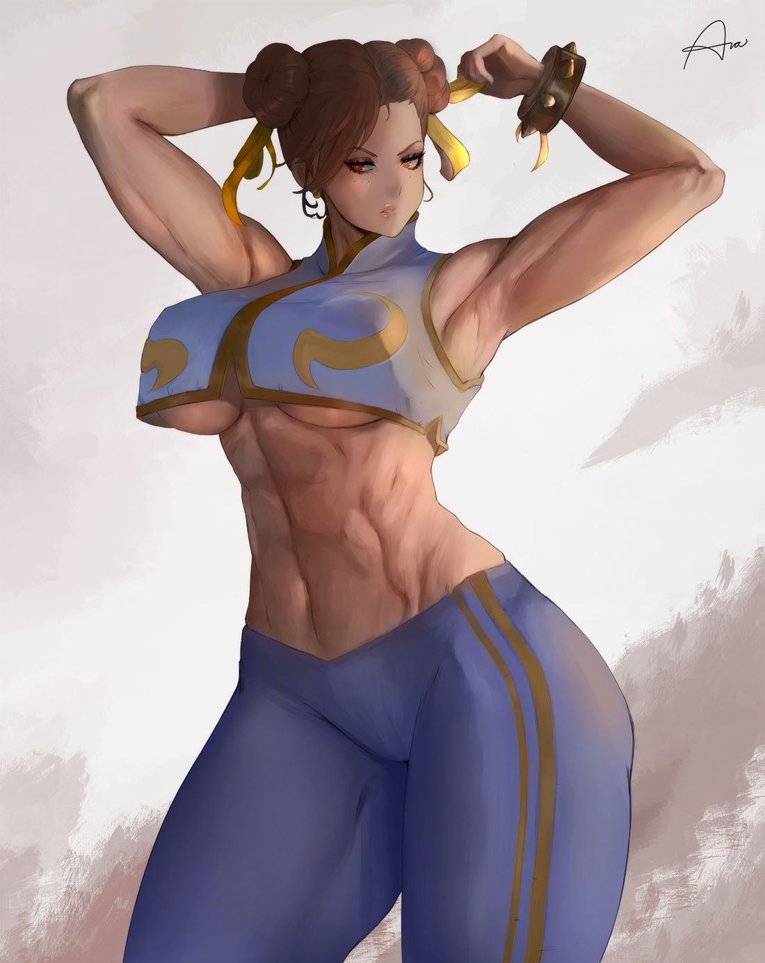 alternate costume, araneesama, armpits, arms up, athletic, athletic female, bare midriff, big breasts, bracelet, breasts, brown hair, capcom, chun-li, crop top, cutesexyrobutts (style), female, hair bun, large breasts, long hair, navel, sportswear, street fighter, street fighter alpha, thick thighs, thunderthighs, tied hair, toned, toned female, tying hair, underboob, yoga pants