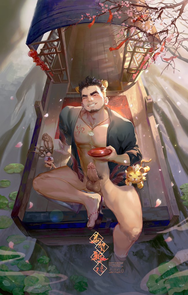 2boys alca animal_ears bara blush boat brown_hair chest_tattoo commission cup daylightallure erection facial_hair full_body head_tilt in_water japanese_clothes kimono looking_at_viewer male male_focus male_only male_pubic_hair miniboy multiple_boys muscular muscular_male naked_kimono navel no_pants open_clothes open_kimono original pectorals penis precum pubic_hair red_eyes sakazuki short_hair short_kimono sideburns smile stubble stuffed_animal stuffed_toy tail tattoo testicles thick_thighs thighs tiger_boy tiger_ears tiger_tail uncensored water watercraft