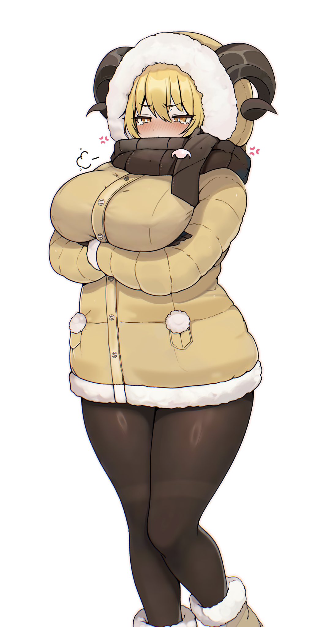 blush, don quixote (limbus company), fully clothed, goat horns, heishou pack-wei branch (identity) (project moon), horn, horns, limbus company, m ayonessa, pantyhose, project moon, winter clothes, yellow hair