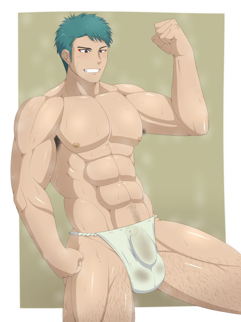 armpit_hair balls bara bulge flaccid flexing fundoshi fundoshi_only kai_(artist) male_only muscles muscular musk penis solo solo_male sweat sweating touken_ranbu yamabushi_kunihiro