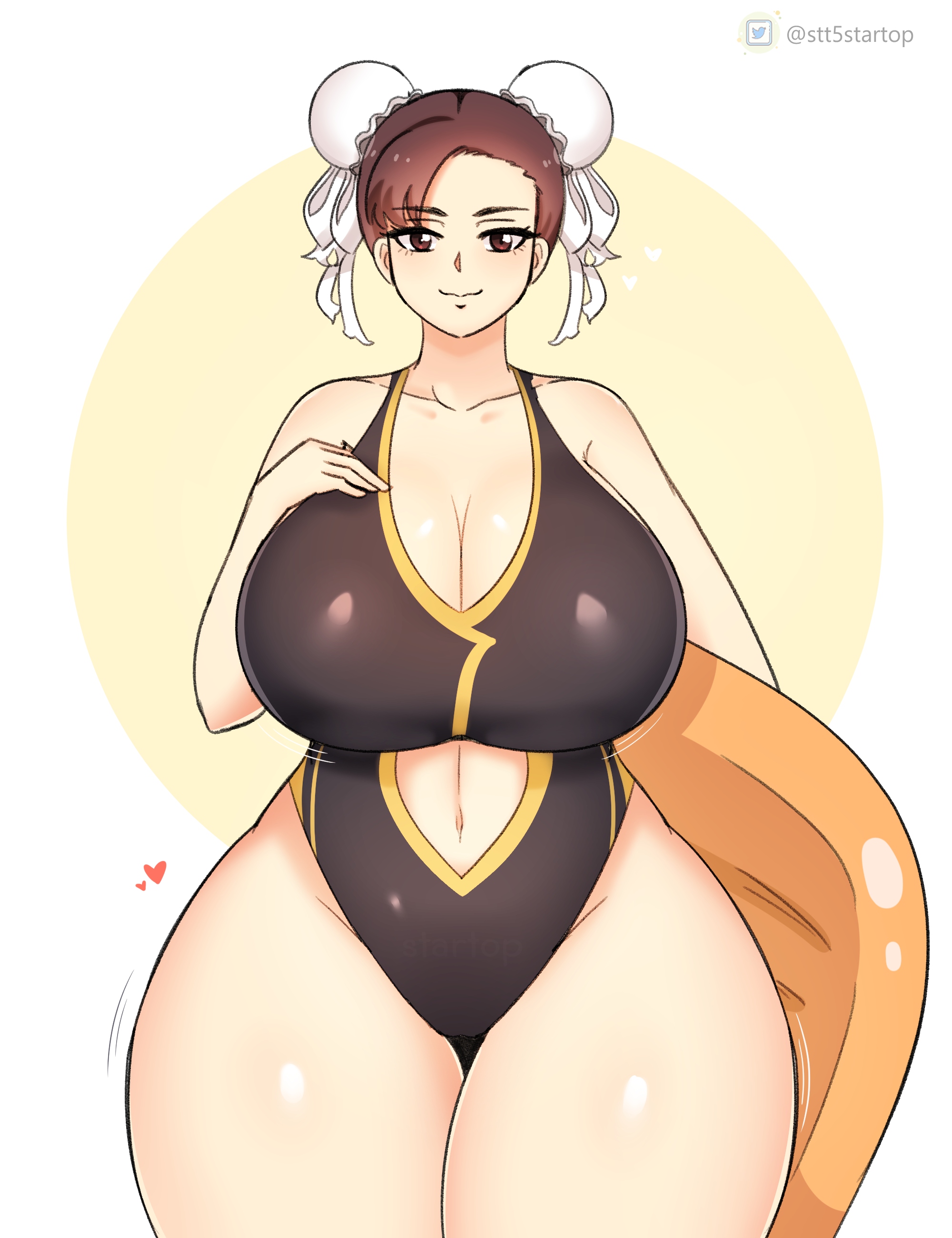 1girls, 5 fingers, ass, bare shoulders, bare thighs, belly, belly button, big ass, big breasts, big butt, breasts, busty, chun-li, cleavage, clothed, clothes, clothing, curvy, curvy female, curvy figure, curvy hips, female, female only, heart, hips, huge ass, huge breasts, huge butt, human, human only, humanoid, hyper ass, hyper breasts, hyper butt, large ass, large breasts, large butt, looking at viewer, mammal, narrow shoulders, navel, one-piece swimsuit, simple background, smile, smiling, smiling at viewer, solo, solo female, standing, startop, street fighter, swimsuit, thick, thick ass, thick thighs, thighs, vase figure, watermark, wide hips