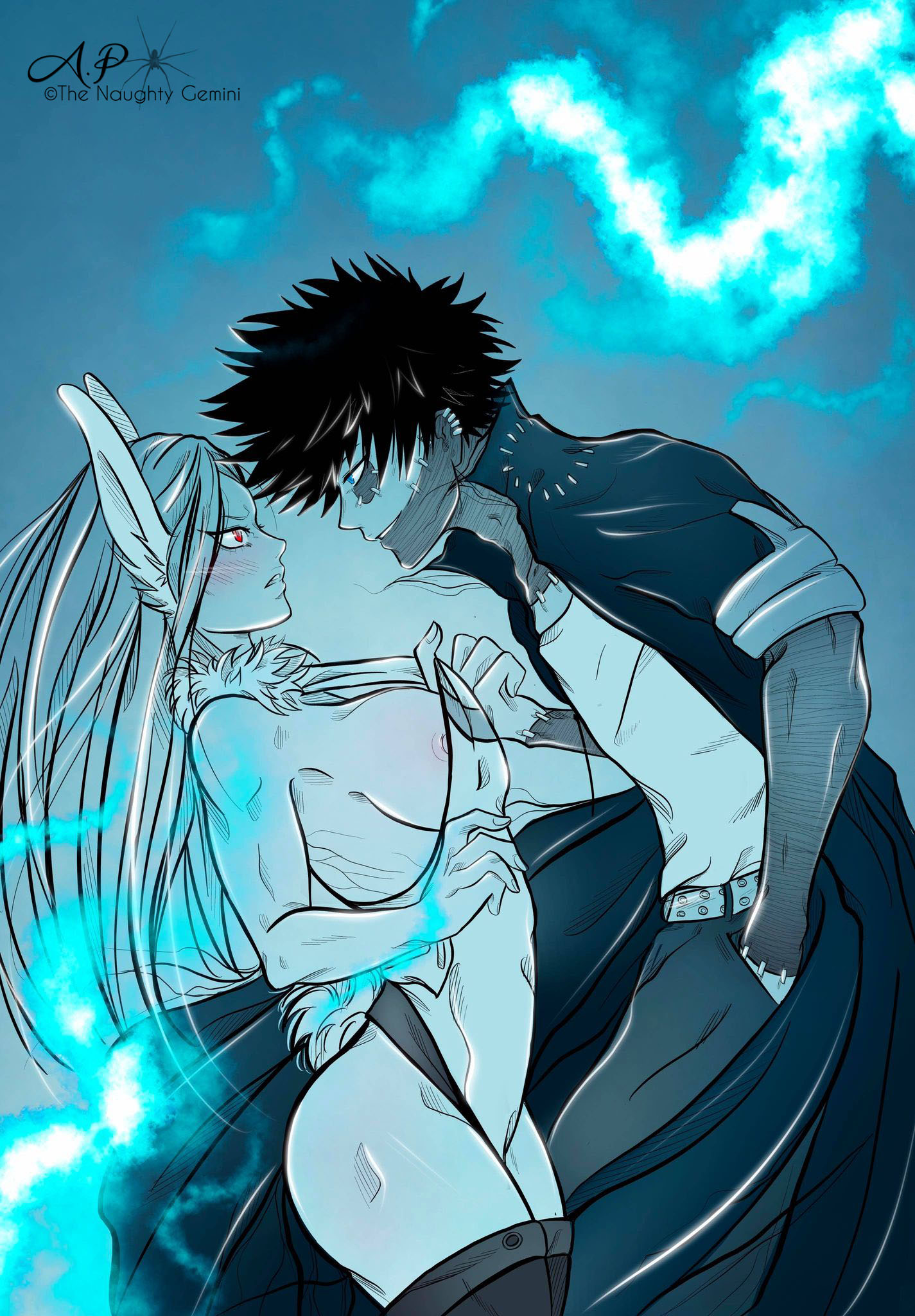 1boy, 1girls, animal ears, big breasts, blue eyes, blush, breasts, bunny ears, bunny girl, bunny tail, clothed male, clothes lift, clothes pull, dabi, eye contact, female, hand in pocket, leotard, lifting clothing, male, male/female, muscular, my hero academia, nipple slip, nipples, pulling clothing, rabbit ears, red eyes, rumi usagiyama, scars, shirt lift, side boob, straight, the naughty gemini, thick thighs, touya todoroki, trenchcoat, undressing, white hair