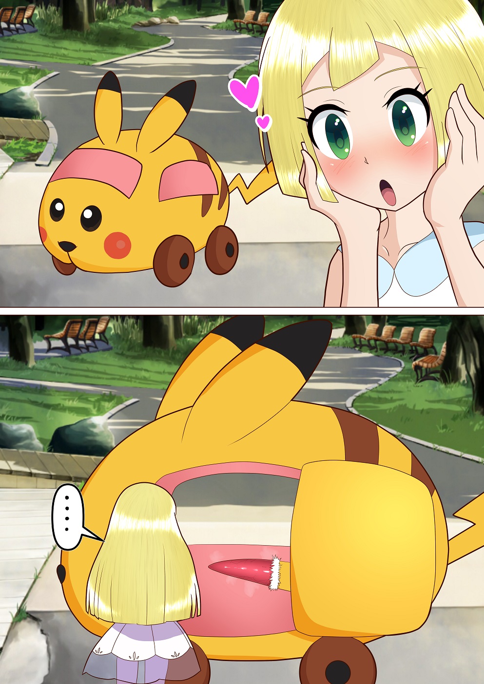 ... 2021 blush car comic genitals green_eyes heart hi_res human lillie_(pokemon) living_car living_machine living_vehicle machine mammal niihai nintendo penis pikachu pokémon_(species) pokemon pokemon_sm pui_pui_molcar vehicle video_games