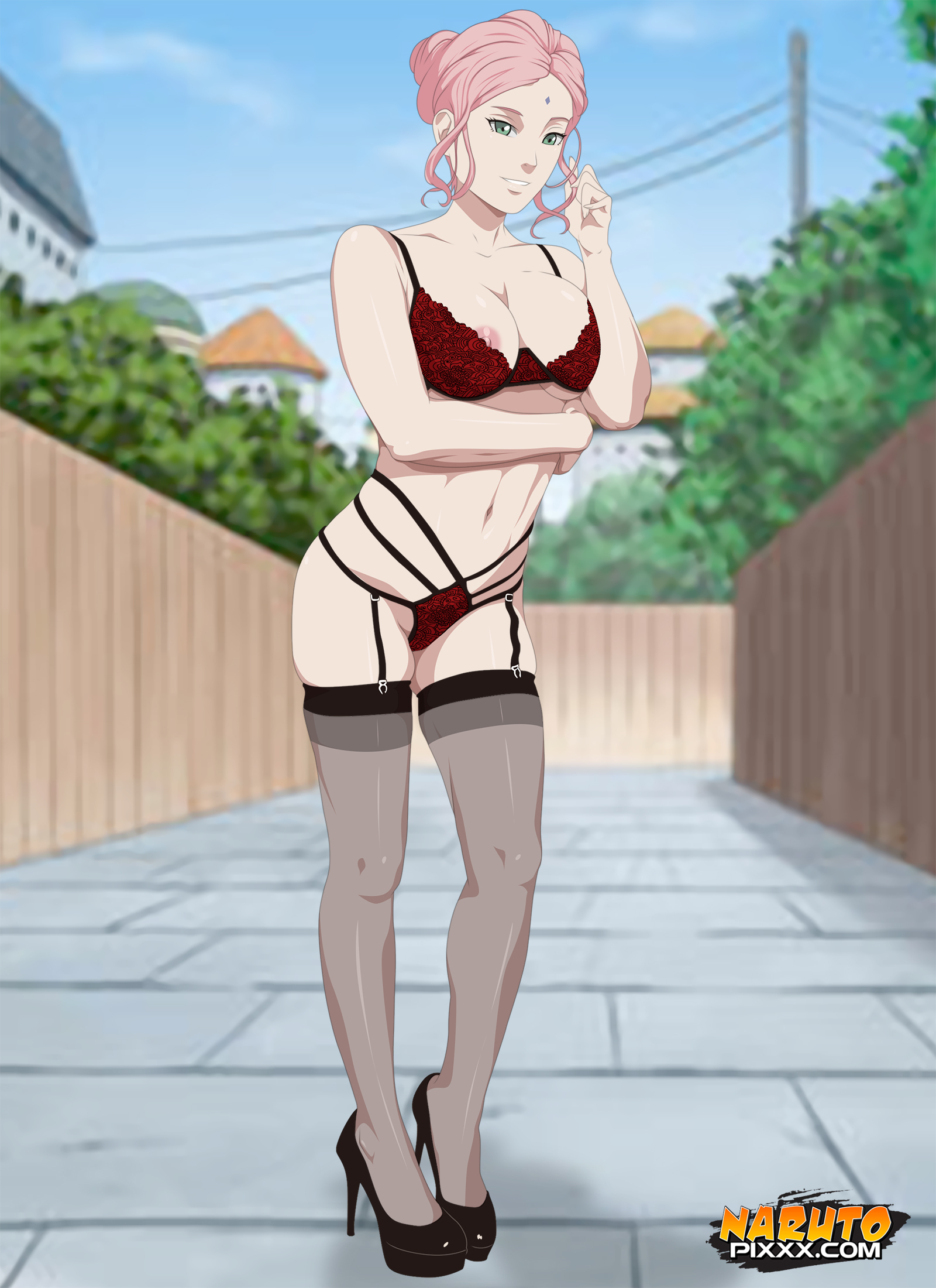 1girls, alternate hairstyle, areolae, arm under breasts, bangs, bare shoulders, boruto: naruto next generations, bra, breasts, cleavage, facial mark, female, female only, footwear, forehead mark, full body, garter straps, green eyes, hair bun, hand on hair, heels, high heels, legwear, lingerie, long hair, looking at viewer, midriff, naruto, naruto (series), naruto: the last, navel, nipple slip, nipples, outside, panties, pink hair, sakura haruno, shounen jump, smile, stockings, tied hair