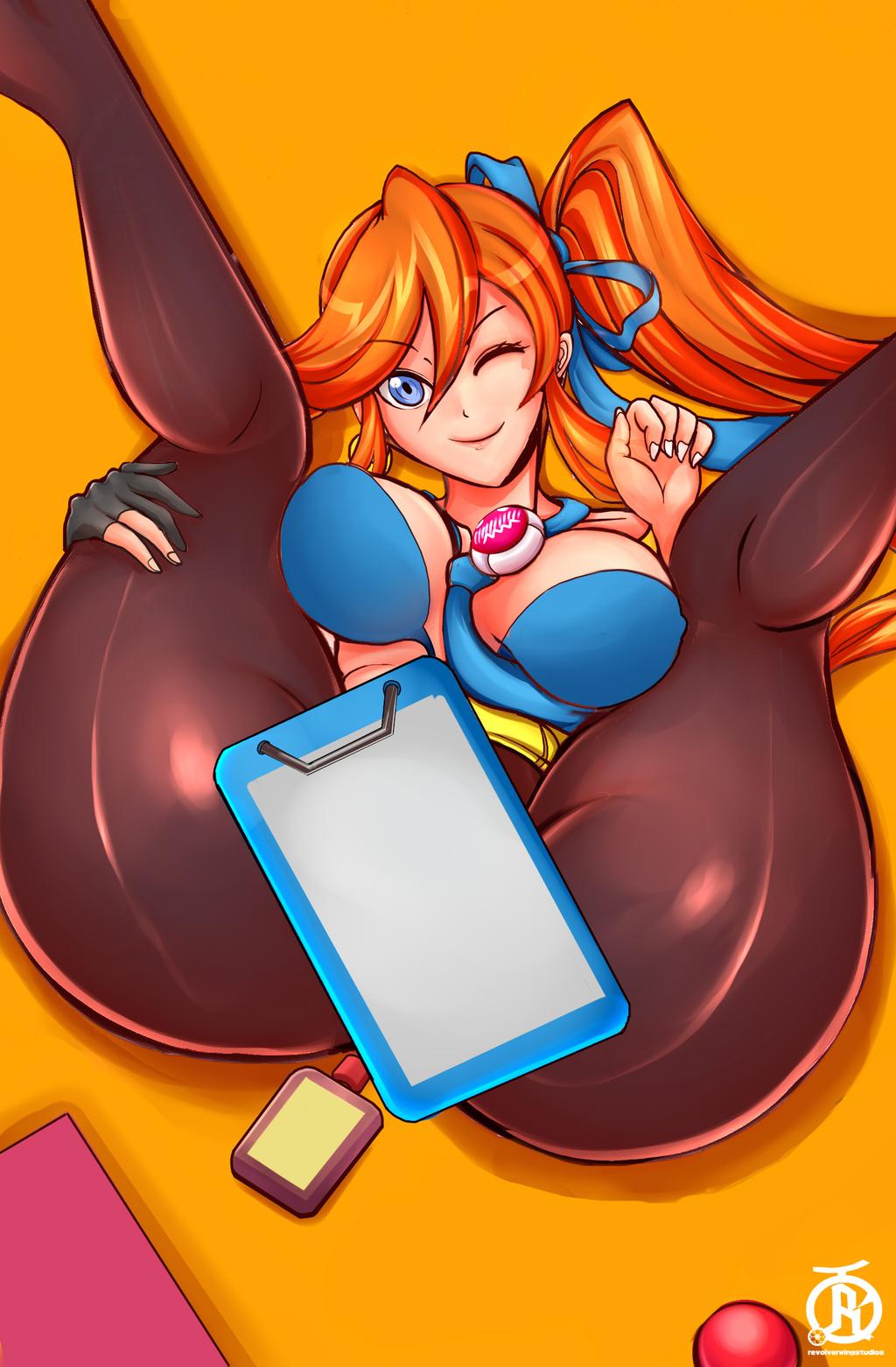 athena_cykes color edit female female_only gyakuten_saiban large_breasts legs_up long_hair nipple_bulge orange_hair revolverwingstudios tagme thick_thighs