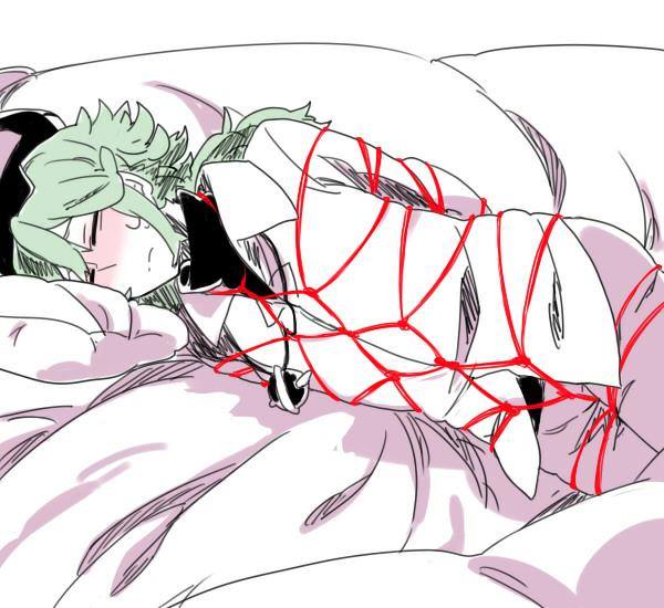 1boy, arms behind back, artist request, bondage, closed eyes, clothed male, crotch rope, green hair, human, lying on bed, lying on side, male, male only, natural harmonia gropius, pokemon, pokemon bw, rope, rope bondage, shibari, shibari over clothes, solo male