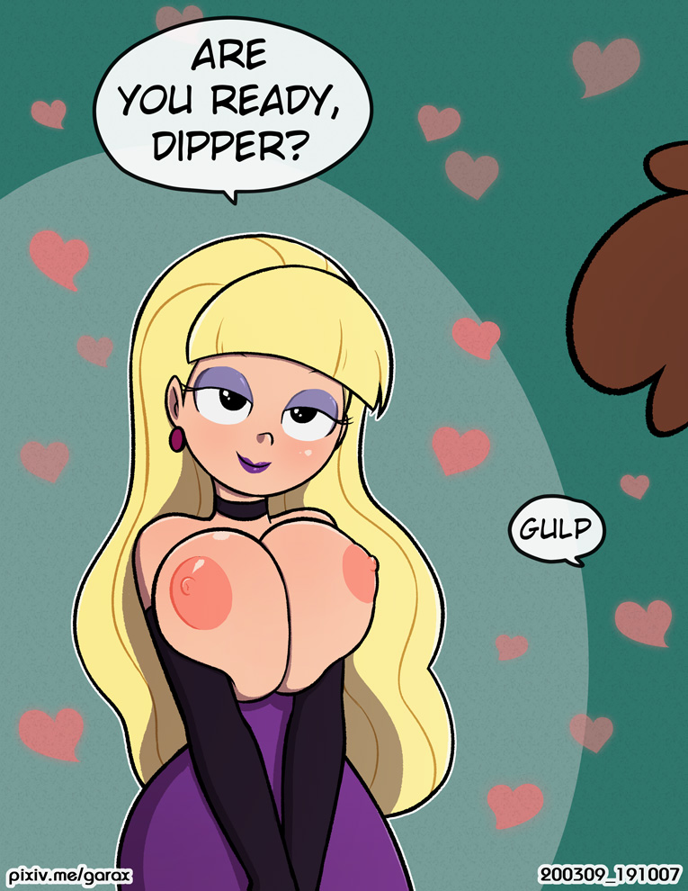 alternate version available, big breasts, blonde hair, breasts, choker, dipcifica, dipper pines, disney, disney channel, disney xd, earrings, elbow gloves, evening gown, eyeshadow, female, garabatoz, gloves, gravity falls, heart, human, lipstick, looking at another, name drop, nipples, pacifica northwest, purple lipstick, speech bubble, straight hair, topless