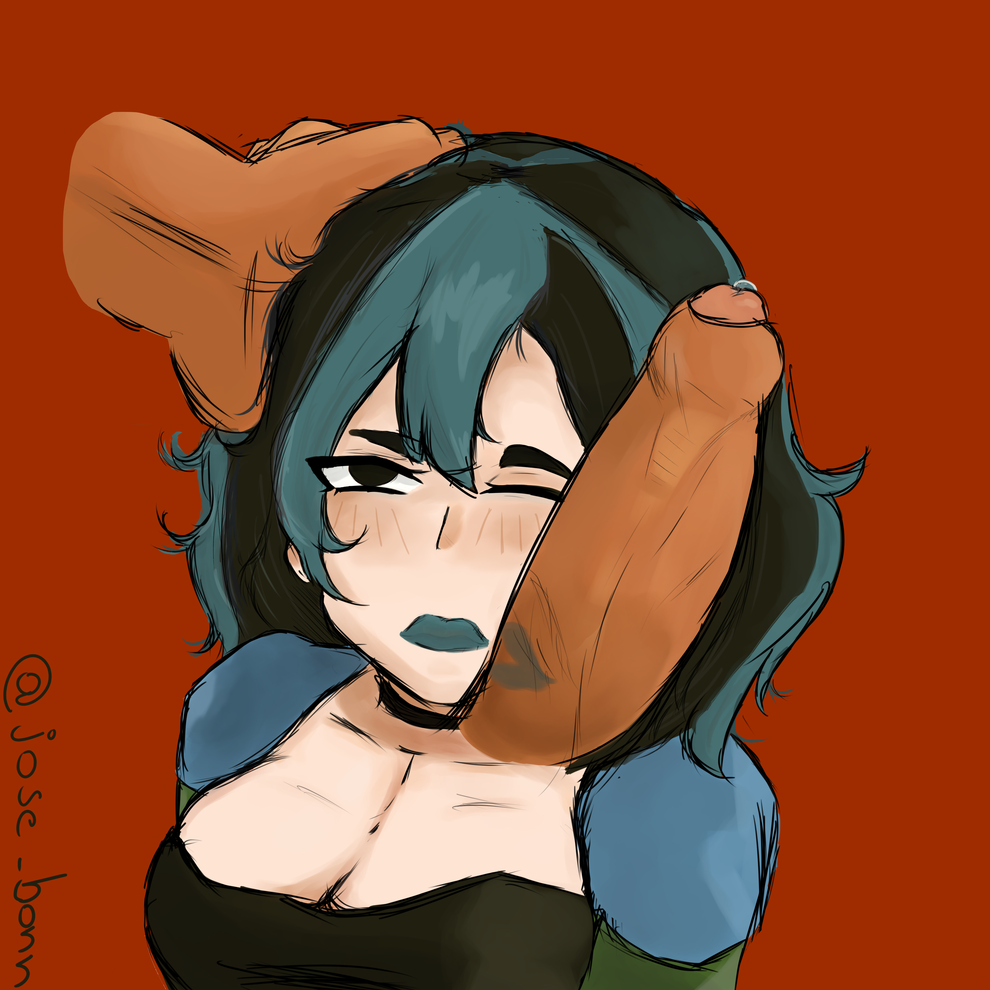 1boy, 1girls, alejandro burromuerto (tdi), big breasts, big penis, black hair, breasts, cleavage, dark skin, dark-skinned male, female, goth, green hair, gwen (tdi), interracial, josebonn, kiss mark, lips, male, penis, total drama island