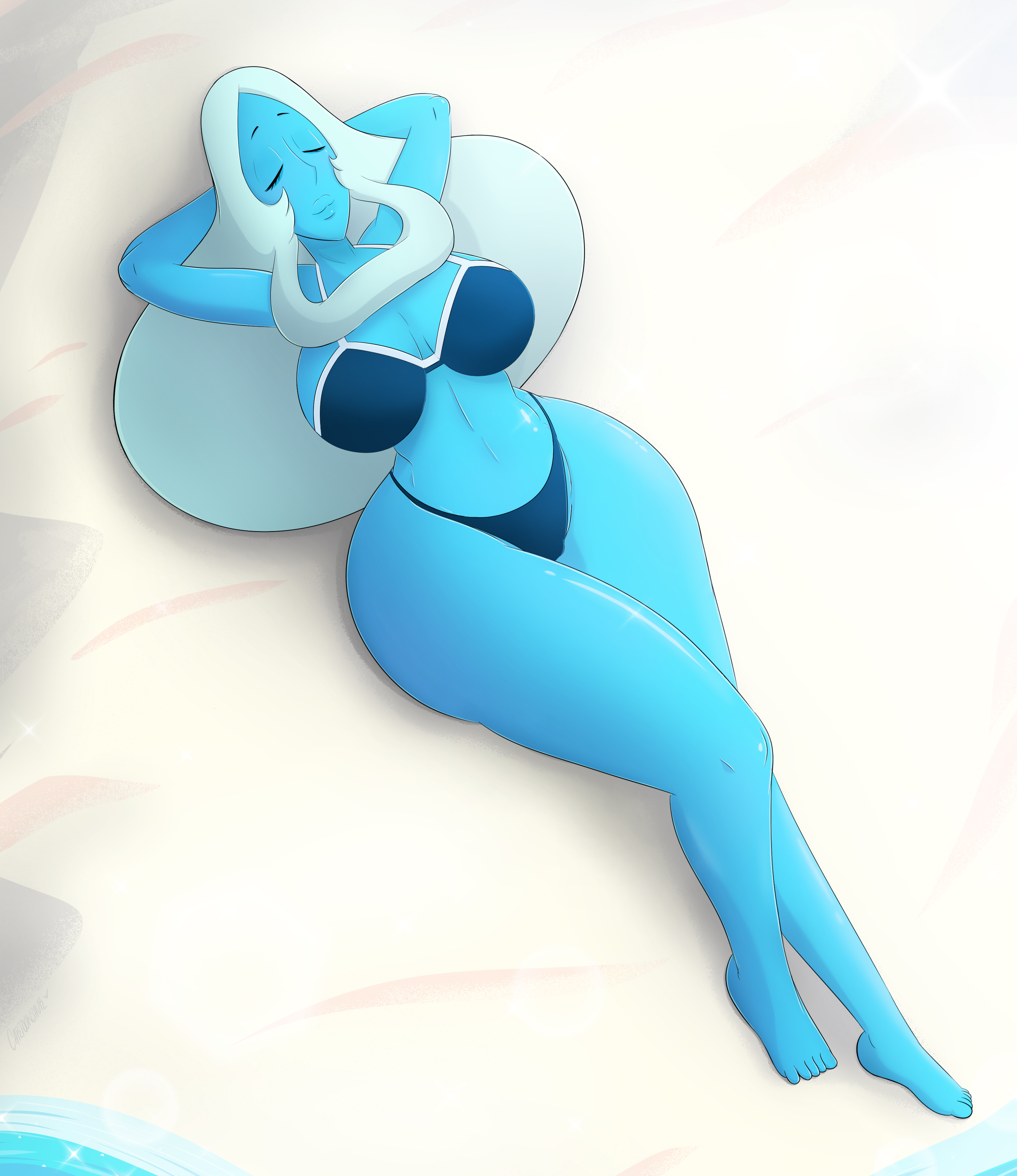 1girls, beach, bikini, blue diamond (steven universe), blue skin, cartoon network, cartoonsaur, diamond authority, female, gem (species), highleg bikini, lying, narrow shoulders, relaxing, sand, steven universe, sun, swimsuit, thick thighs, thin arms, thin waist, white hair, wide hips