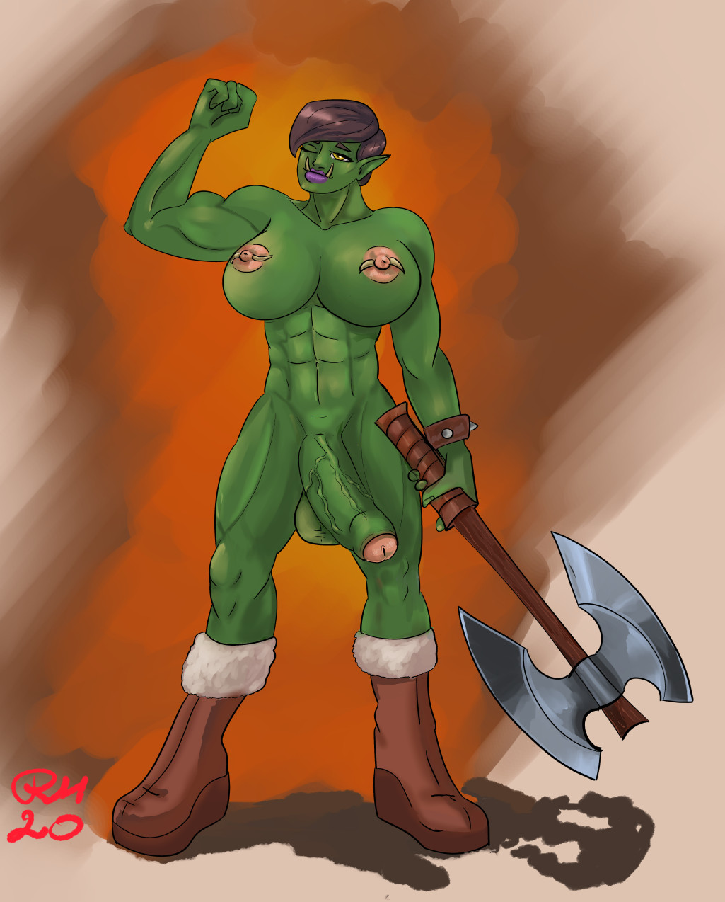 big_breasts big_penis boots breasts brown_hair dark_hair dickgirl futa_only futanari green_skin intersex naked_boots naked_footwear naked_with_shoes_on nude orc orc_futa penis redh solo warrior