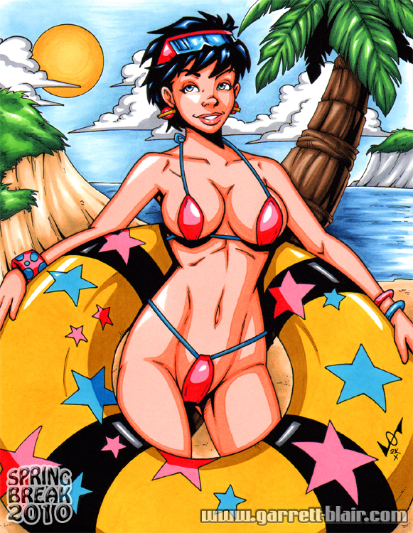 1girls 2010 beach big_breasts bikini bracelets breasts earring female female_only garrett_blair inner_tube jubilation_lee jubilee looking_at_viewer marvel marvel_comics mutant solo sunglasses sunglasses_on_head superheroine x-men