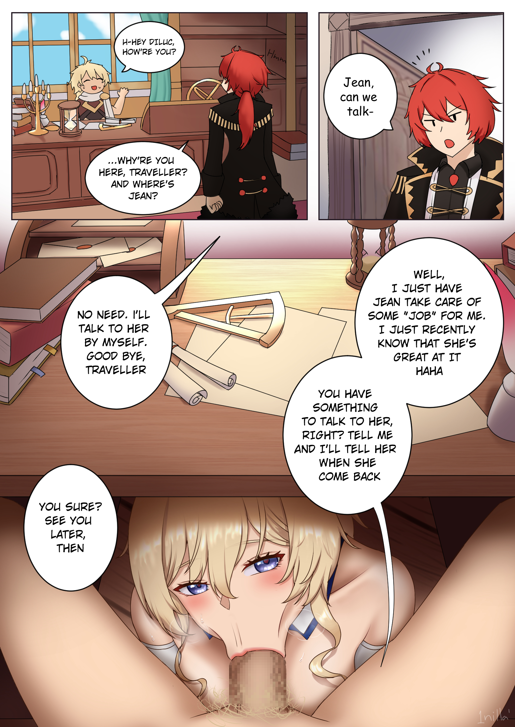 :>=, 1girls, 1nilla', 2boys, aether (genshin impact), blonde hair, blue eyes, comic, dialogue, diluc (genshin impact), english text, fellatio, female, genshin impact, hiding, jean gunnhildr, male, netorare, oral, red hair, speech bubble, stealth fellatio, stealth oral, stealth sex, text, under the table