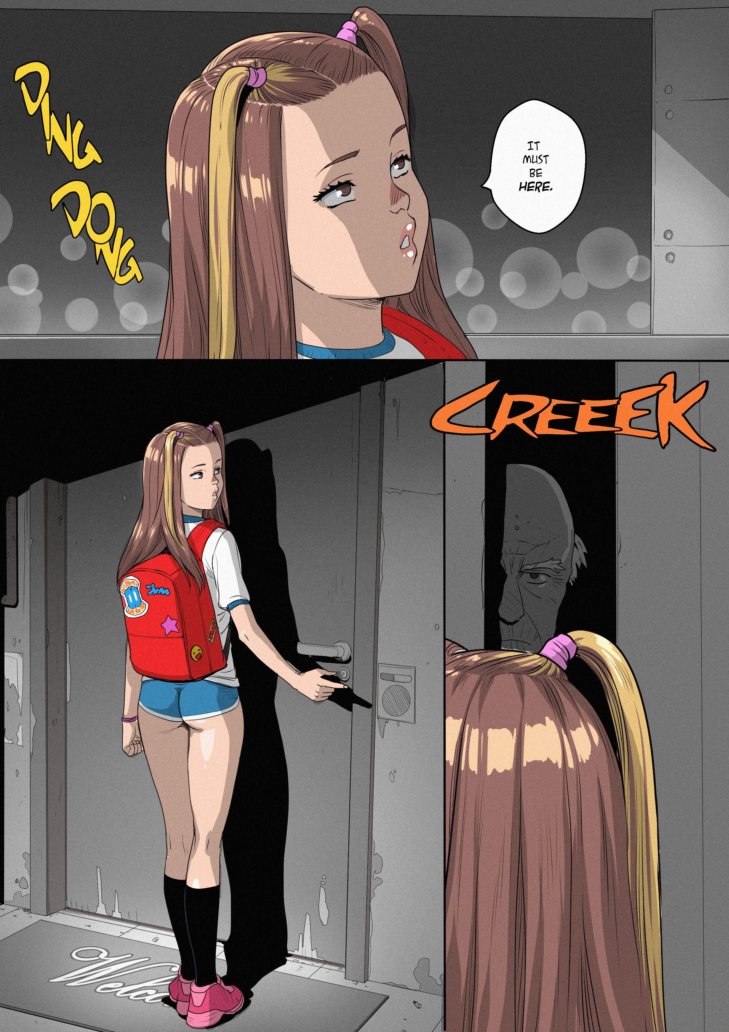 1boy, 1girls, absurd res, absurdres, age difference, answering door, ass, backpack, bag, bald, bald male, big ass, booty, booty shorts, brown hair, calf socks, colored hair, comic, comic page, comic panel, debbie (tekuho), ding dong, door, doorbell, english, english commentary, english text, female, highres, huge ass, lips, male, oc, old, older male, older male and younger female, opening door, original, original character, pink shoes, prostitute, prostitution, revealing, revealing clothes, shiny lips, shoes, short shorts, shorts, skimpy, skimpy clothes, slim, slim female, slutwear, socks, story, tekuho, text, thighs, two colored hair, two-tone hair, yellow hair, young, younger female