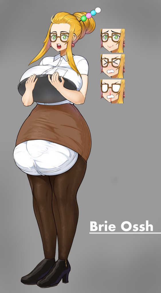 1futa, balls, blonde hair, breasts, bulge, clothed, clothing, dickgirl, full body, fully clothed, futa only, futanari, gaikiken, glasses, hair ornament, huge balls, huge breasts, huge testicles, human, intersex, pale skin, pencil skirt, penis, penis under skirt, skirt, solo, standing, testicles, tight dress