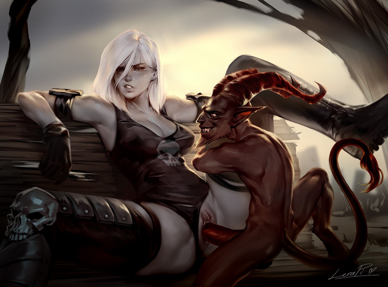 1girls, adepta sororitas, armpit, artist signature, black gloves, bloodletter, blush, chaos (warhammer), chaos daemon, female, gloves, imp, imperium of man, khorne, larger female, lerapi, light skin, light-skinned female, male, pale skin, pale-skinned female, penis, pussy, red skin, scar, scars, sister of battle, size difference, smaller male, straight, tagme, thighhigh boots, tomboy, uncensored, vaginal penetration, warhammer (franchise), warhammer 40k, white hair