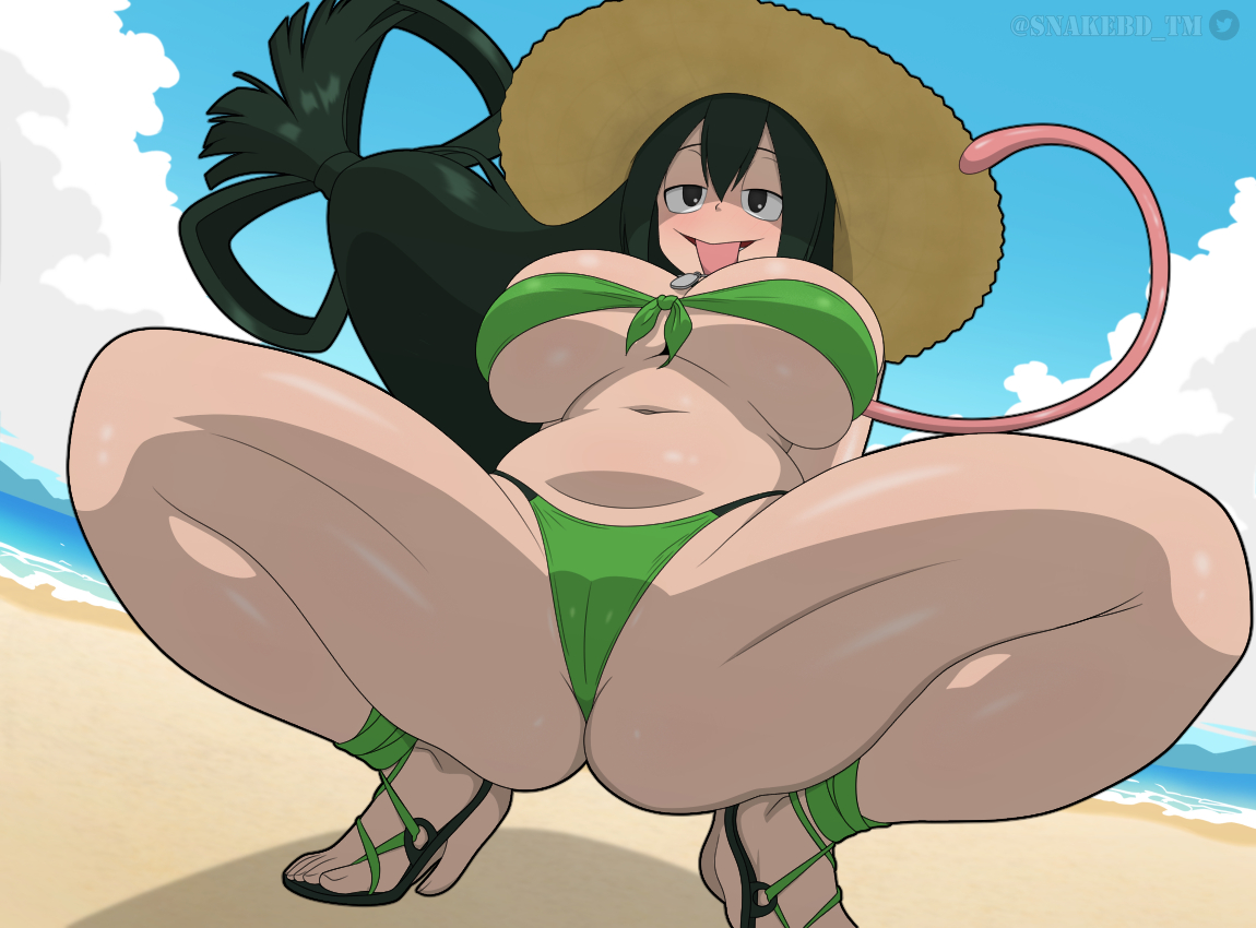 1girls, 2d, alternate version available, beach, beach background, bikini, boku no hero academia, breasts, female, female only, green hair, hat, light skin, light-skinned female, long tongue, my hero academia, outdoors, snakebd, solo, solo female, squatting, sun hat, tagme, thighs, tongue, tongue out, tsuyu asui