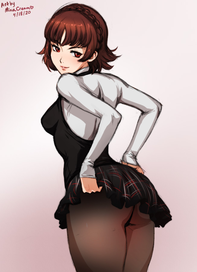 1girls, ass, blush, brown hair, female, fully clothed, leggings, looking at viewer, looking back, makoto niijima, minacream, persona, persona 5, pleated skirt, red eyes, short hair, skirt, teasing, white background