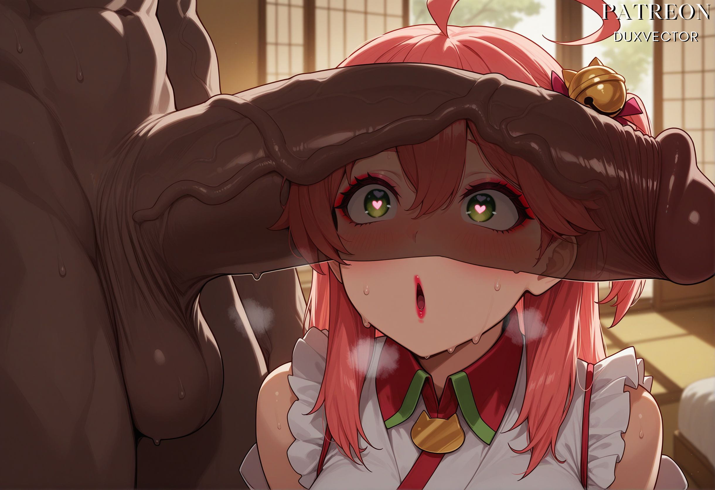 1boy, 1girl, 1st costume, 2boys, ahoge, ai generated, bell, blush, dark skin, dark-skinned male, duxvector, erection, green eyes, hair bell, hair ornament, heart, heart-shaped pupils, hetero, hololive, hololive japan, huge penis, indoors, interracial, jingle bell, large penis, long hair, looking at penis, miko, multiple boys, one side up, open mouth, penis, penis awe, penis on face, pink hair, sakura miko, sakura miko (1st costume), shrine maiden, sweat, symbol-shaped pupils, testicles, uncensored, veins, veiny penis, virtual youtuber, x hair ornament