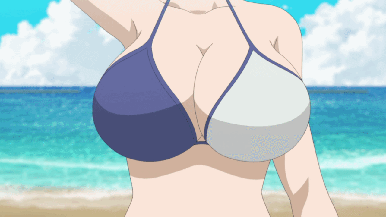 1girls, animated, animated gif, beach, bikini, blue bikini, bouncing breasts, breast focus, breasts, cleavage, engi (studio), huge breasts, multicolored bikini, official art, screencap, uzaki hana, uzaki-chan wa asobitai!, waving, white bikini