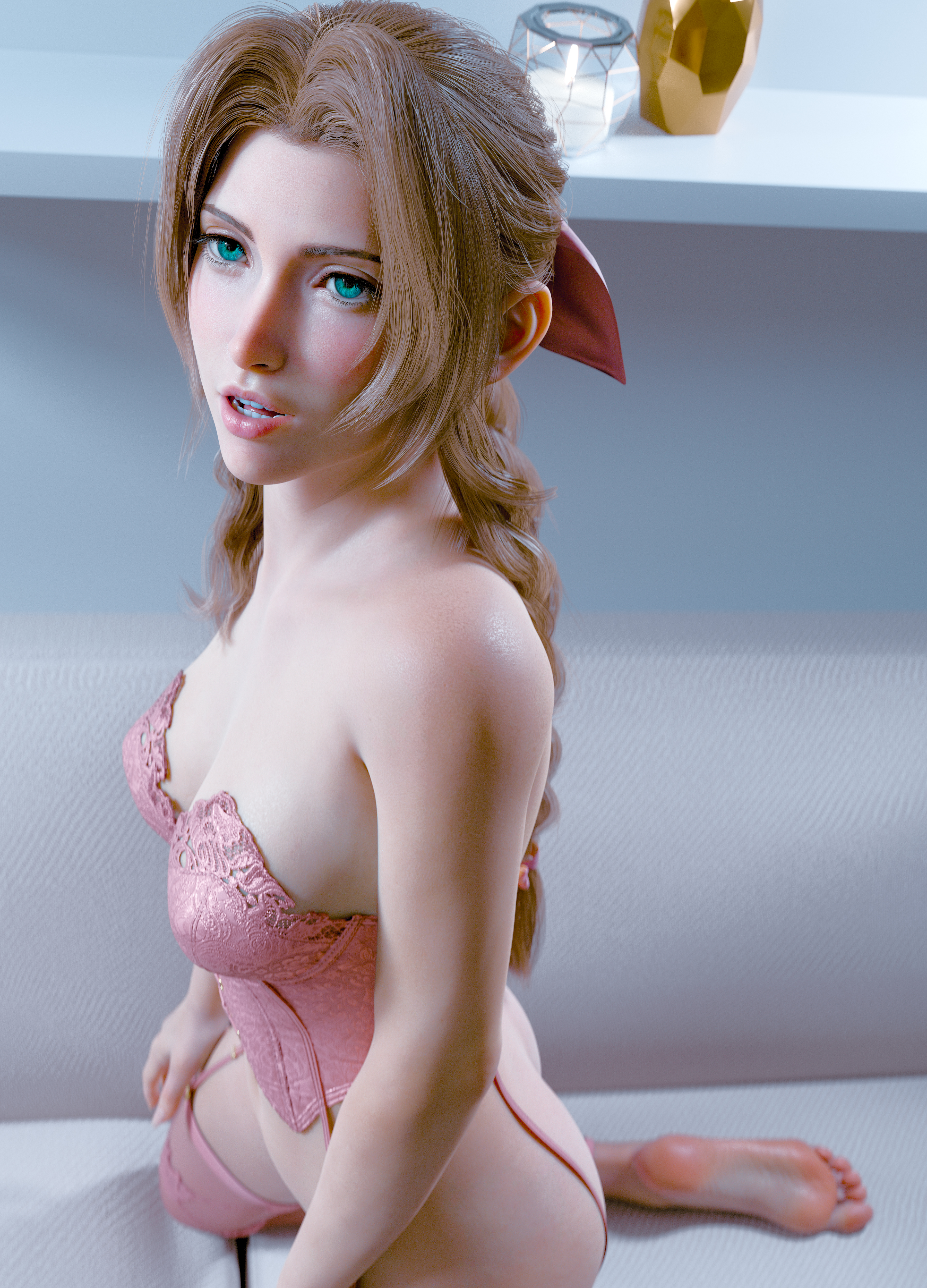 1girls, 3d, absurd res, absurdres, aerith gainsborough, barefoot, blender, breasts, brown hair, cleavage, feet, female, female only, final fantasy, final fantasy vii, final fantasy vii remake, garter straps, green eyes, hair ornament, juicesfm, kneeling, lingerie, long hair, medium breasts, no panties, soles, solo, square enix, strapless